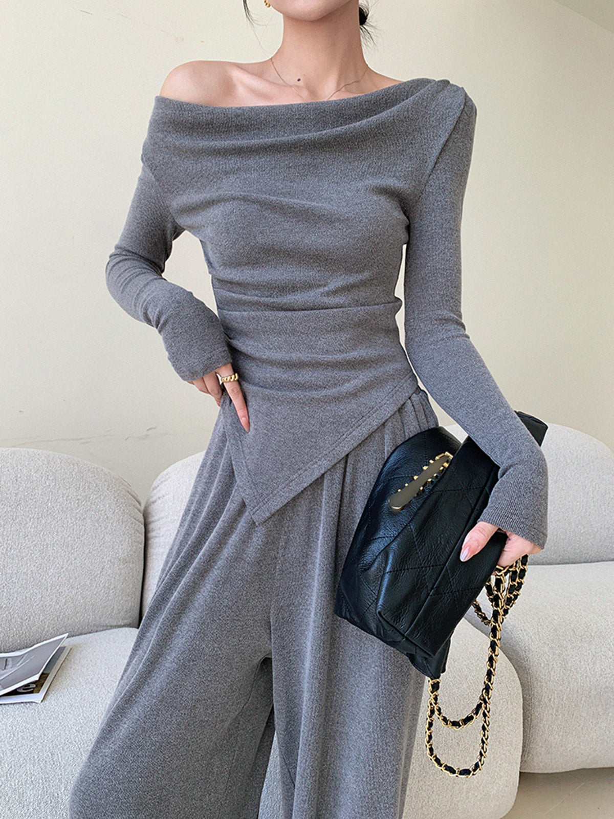 Plain Asymmetrical Draped Pants Set-Massicos