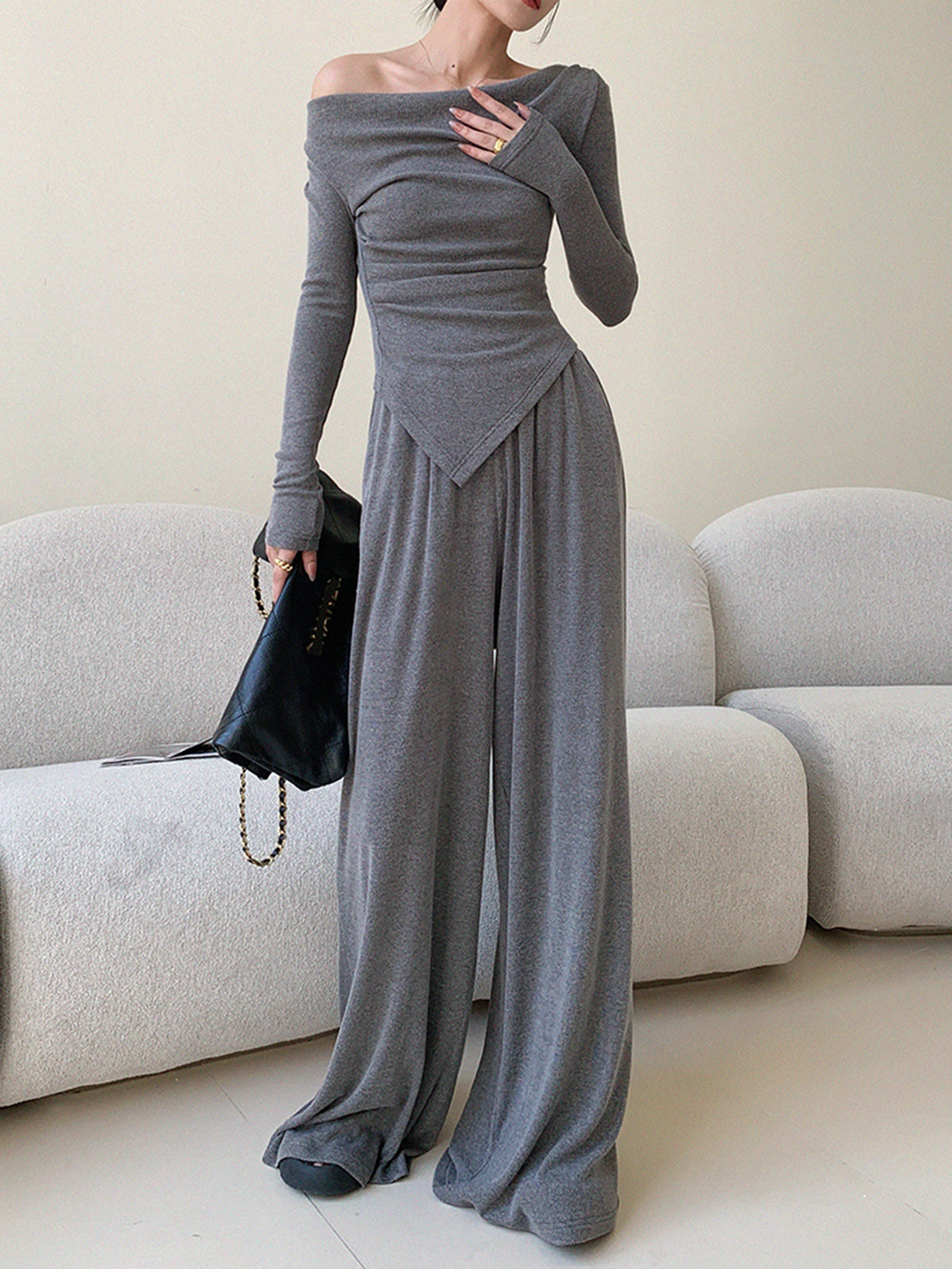 Plain Asymmetrical Draped Pants Set-Massicos