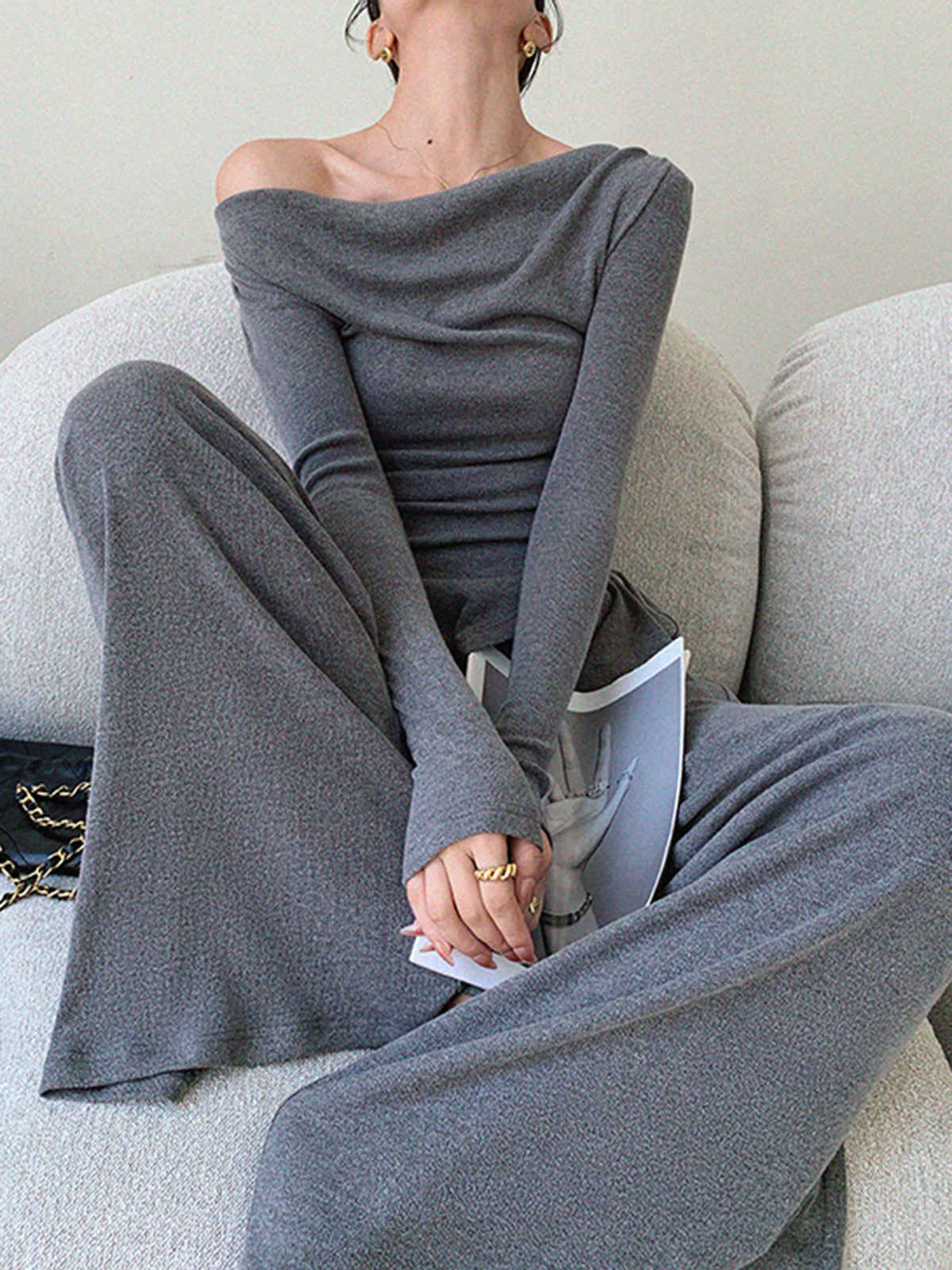 Plain Asymmetrical Draped Pants Set-Massicos