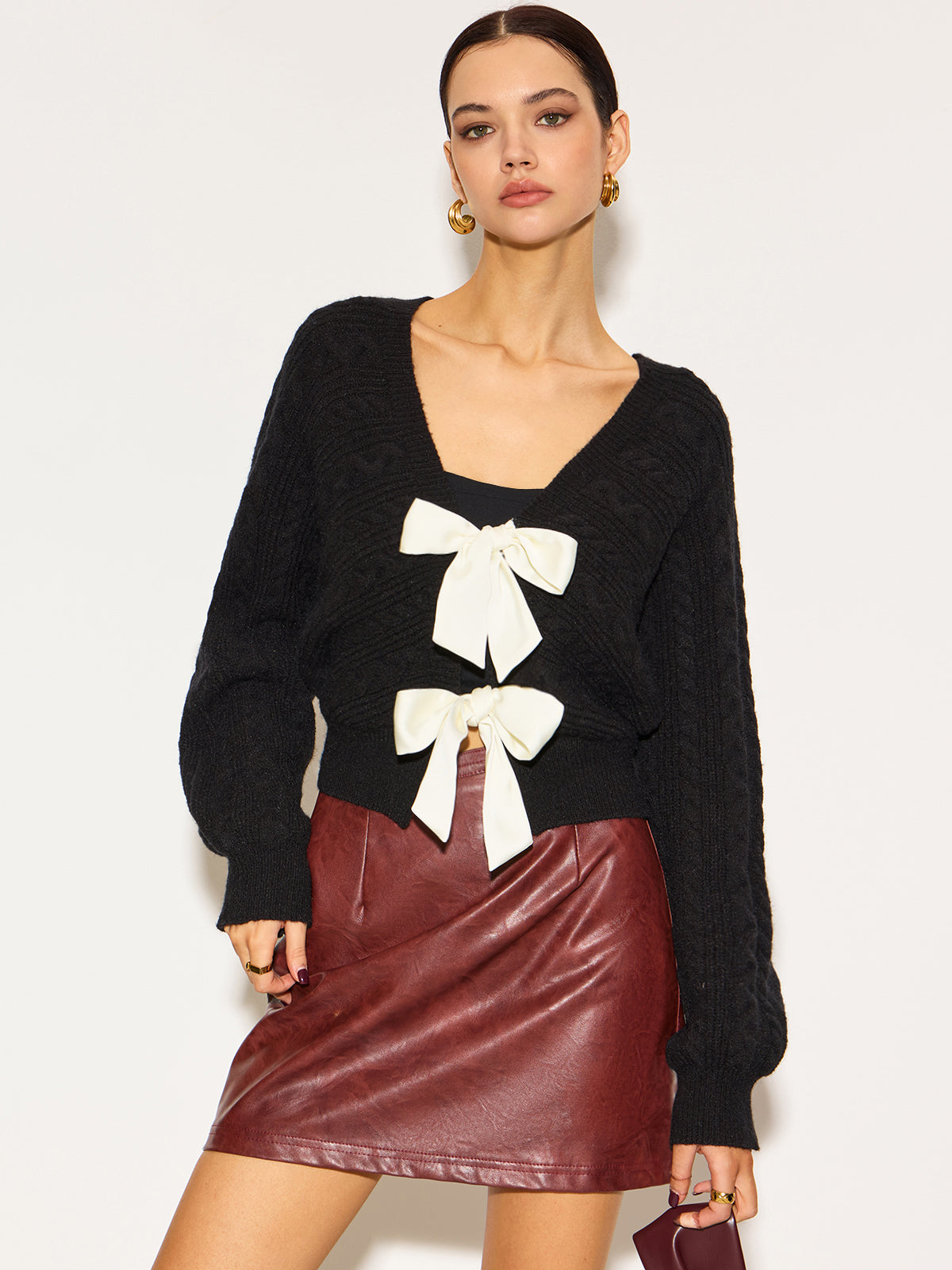 V-Neck Bow Front Twist Cardigan-Massicos
