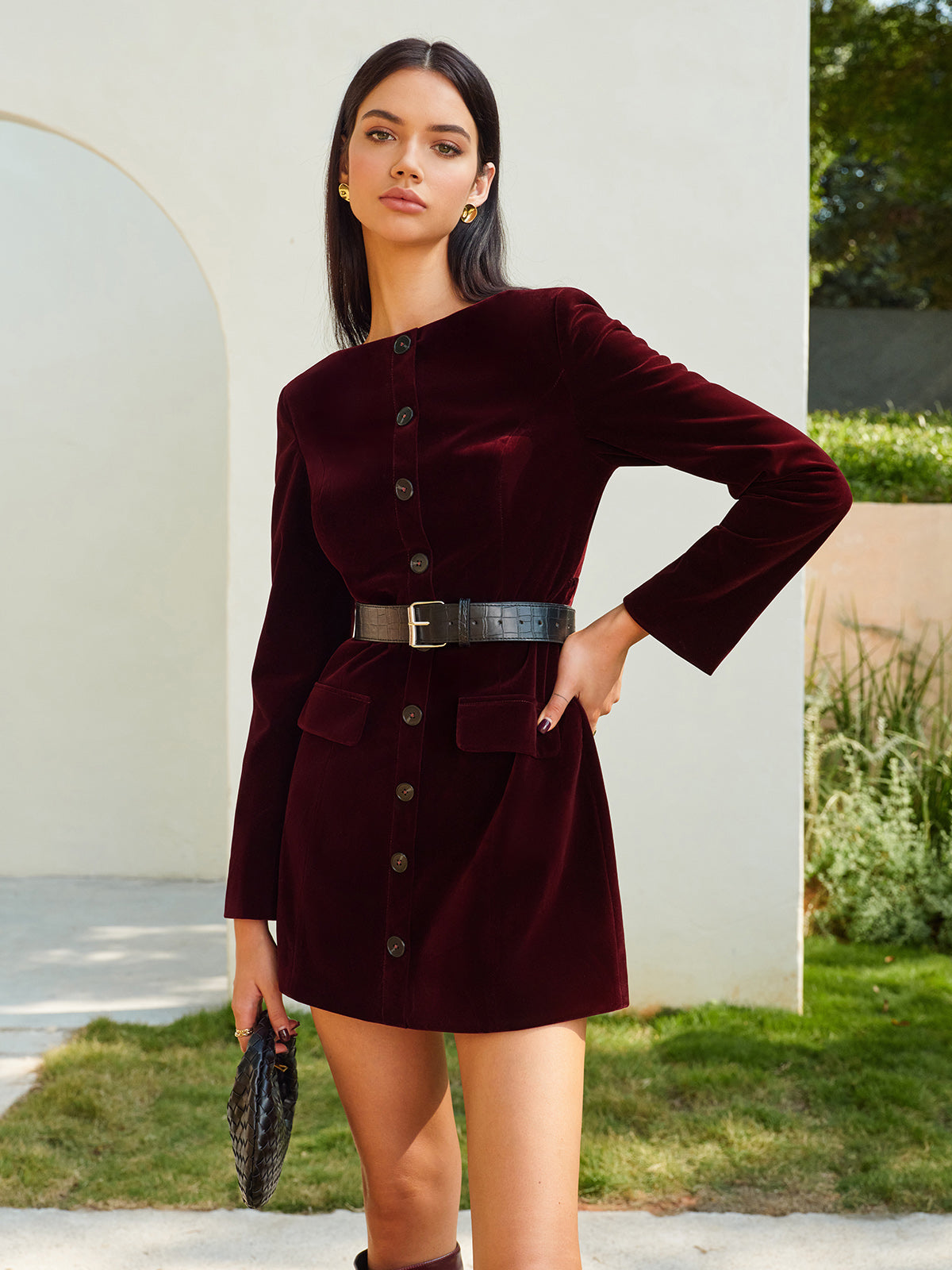 Velvet Button Short Dress With Belt-Massicos