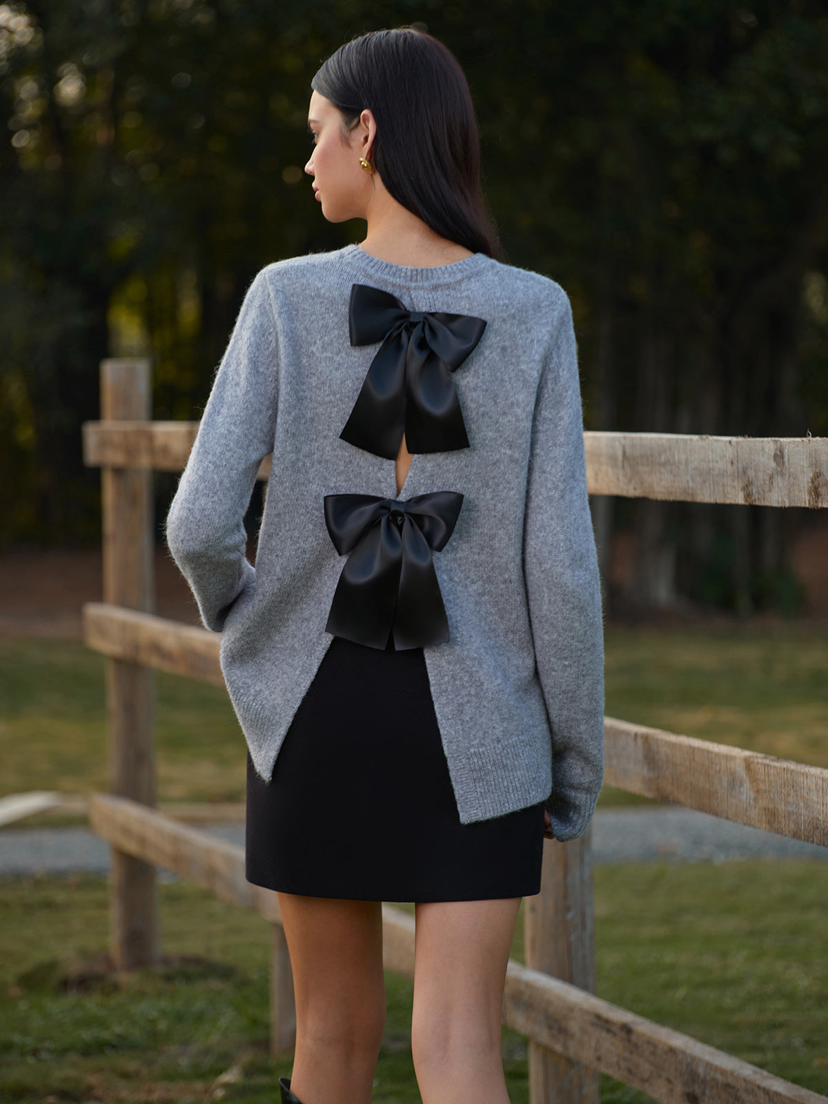 Round Neck Bow-Decor Sweater-Massicos