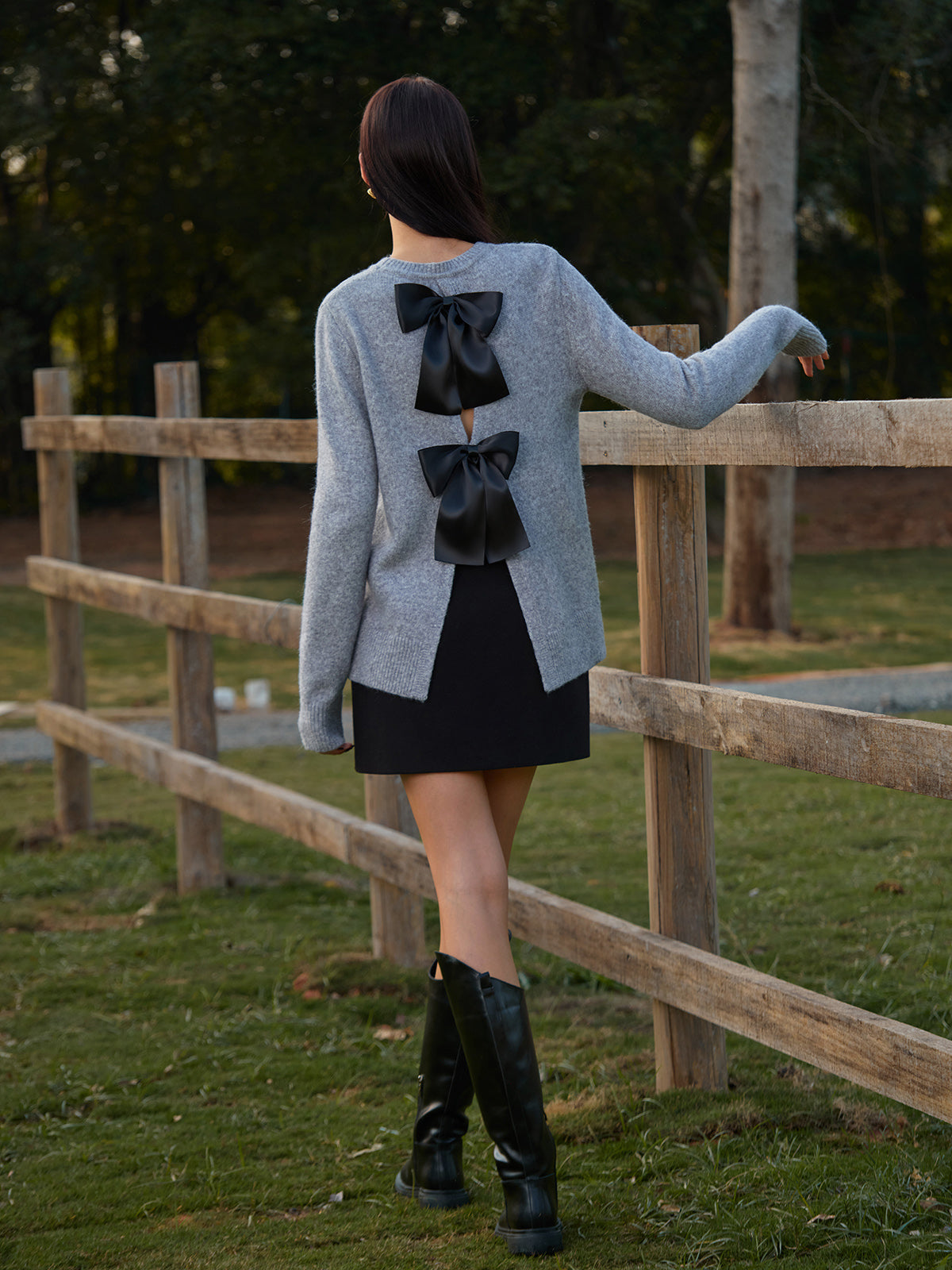 Round Neck Bow-Decor Sweater-Massicos
