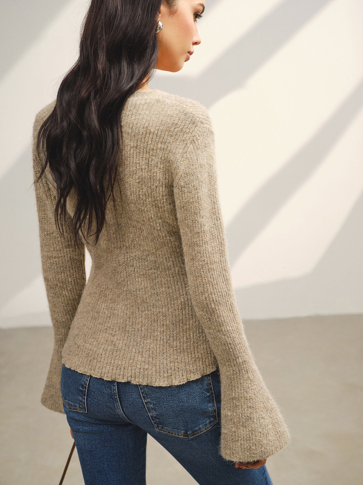V-Neck Bell Sleeve Button Cardigan-Massicos