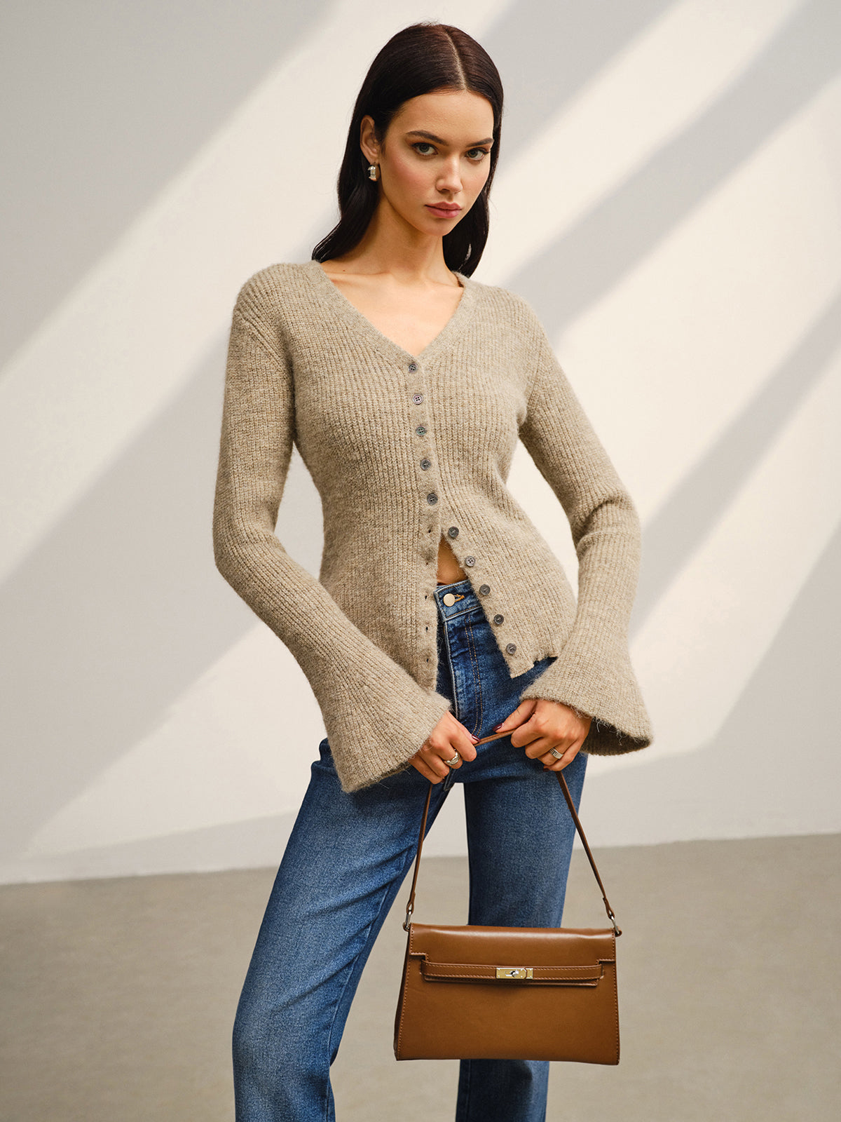 V-Neck Bell Sleeve Button Cardigan-Massicos