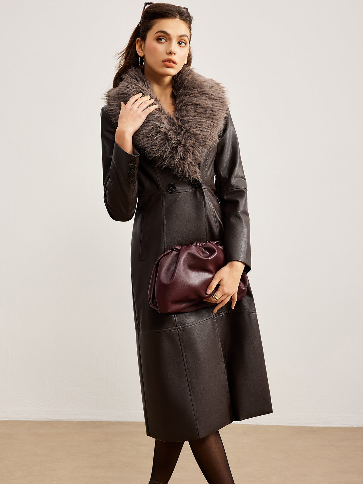 Detachable Fuzzy Collar Faux Leather Long Jacket-Massicos