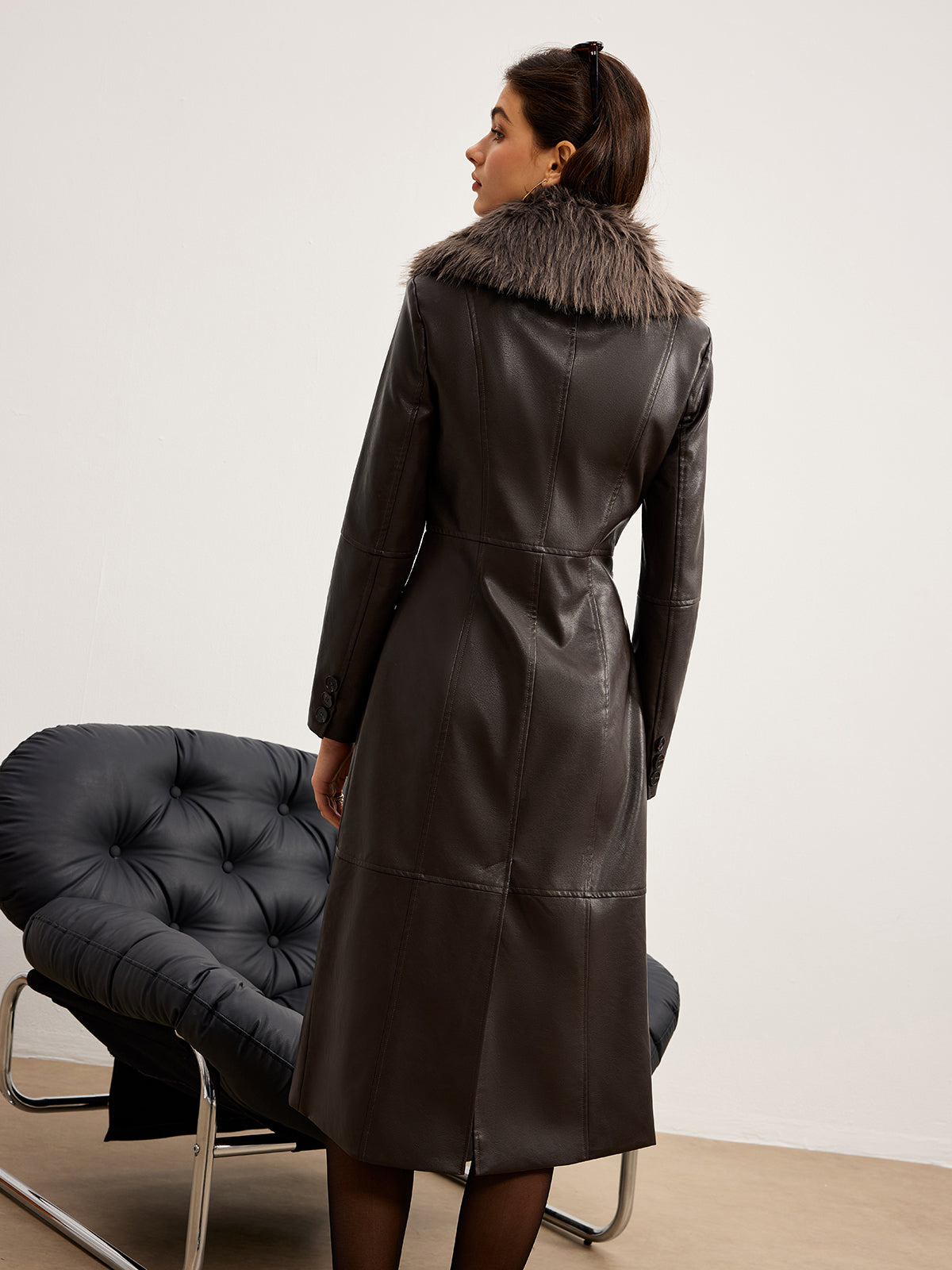 Detachable Fuzzy Collar Faux Leather Long Jacket-Massicos