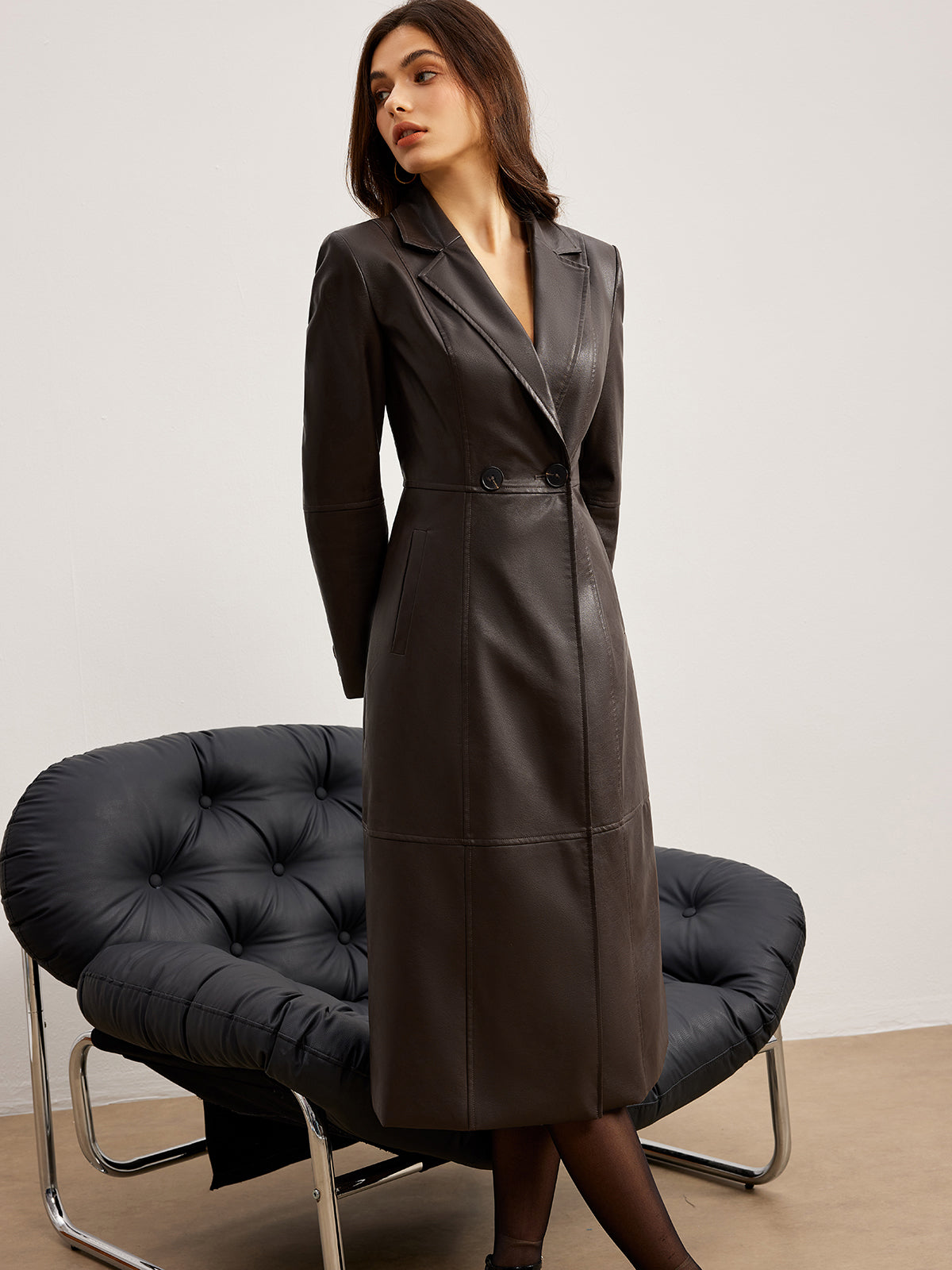 Detachable Fuzzy Collar Faux Leather Long Jacket-Massicos