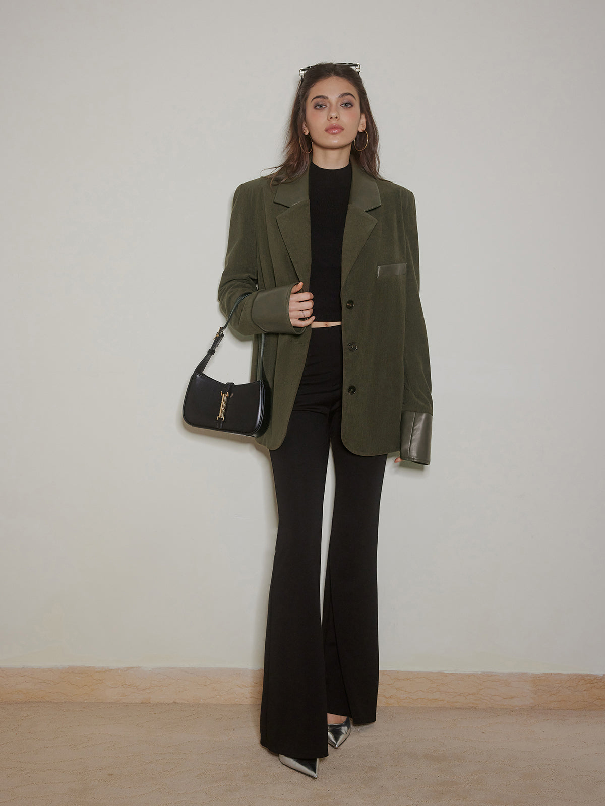 Shoulder Pads Corduroy Panel Blazer-Massicos