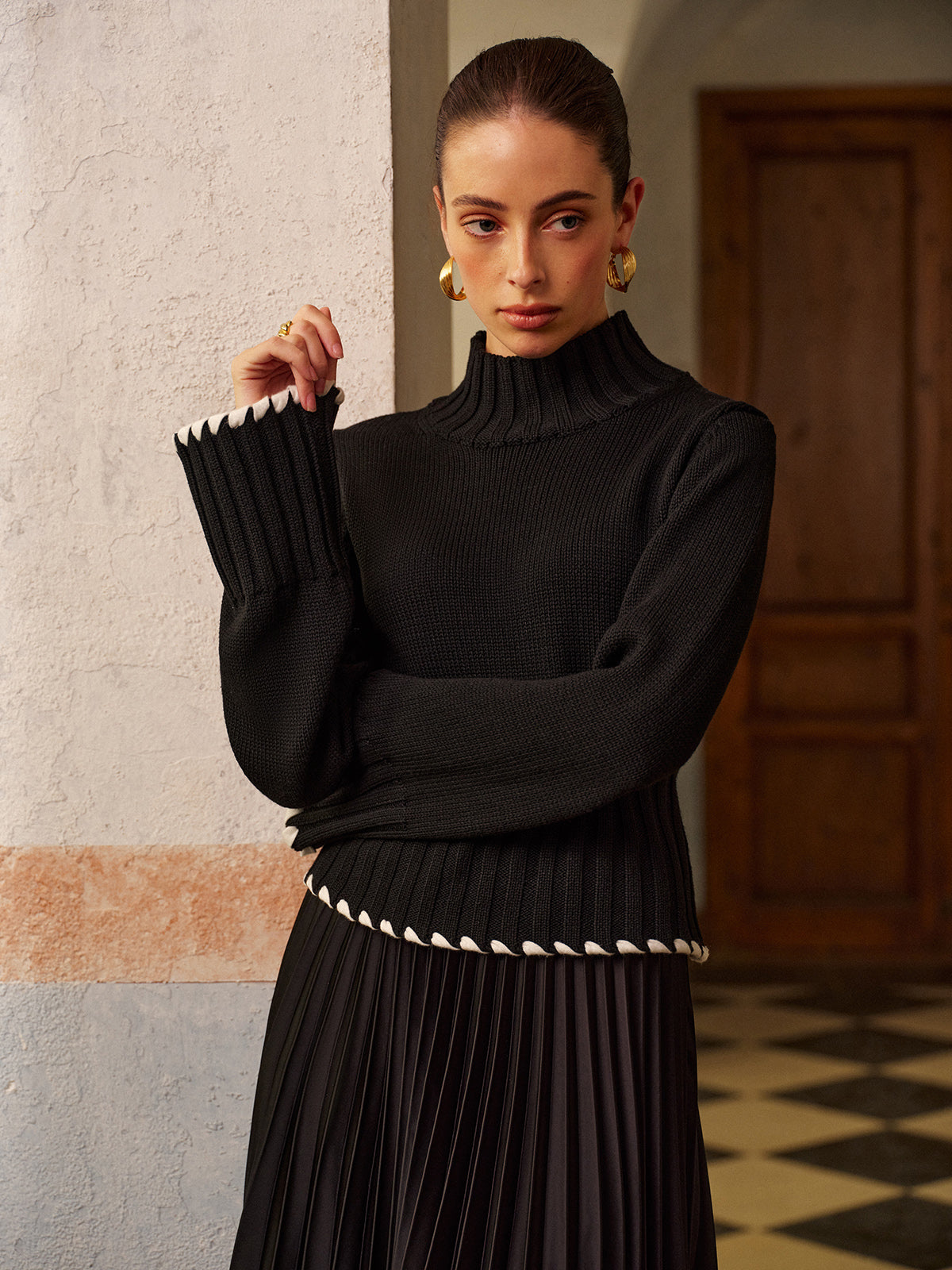 Wool-Blend Contrast Binding Ribbed Knit Top-Massicos