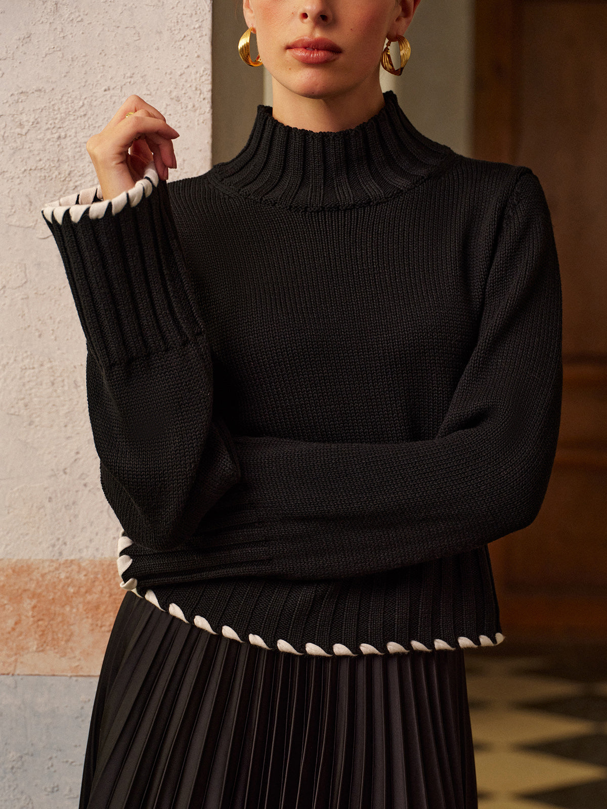 Wool-Blend Contrast Binding Ribbed Knit Top-Massicos