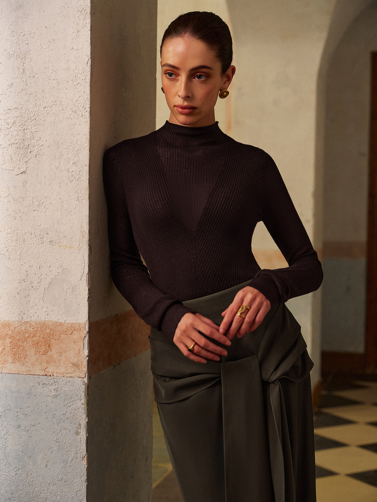 Wool-Blend Semi-Sheer Ribbed Knit Top-Massicos