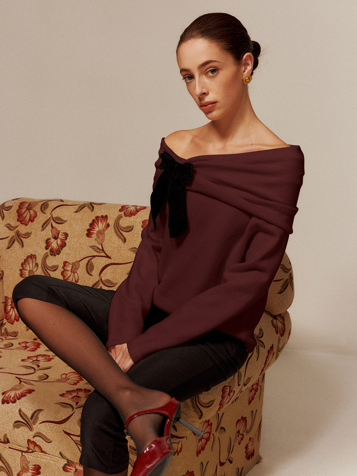 Velvet-Bow Off-Shoulder Ruched Sweater-Massicos