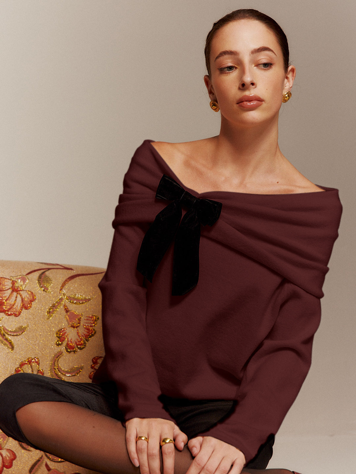 Velvet-Bow Off-Shoulder Ruched Sweater-Massicos