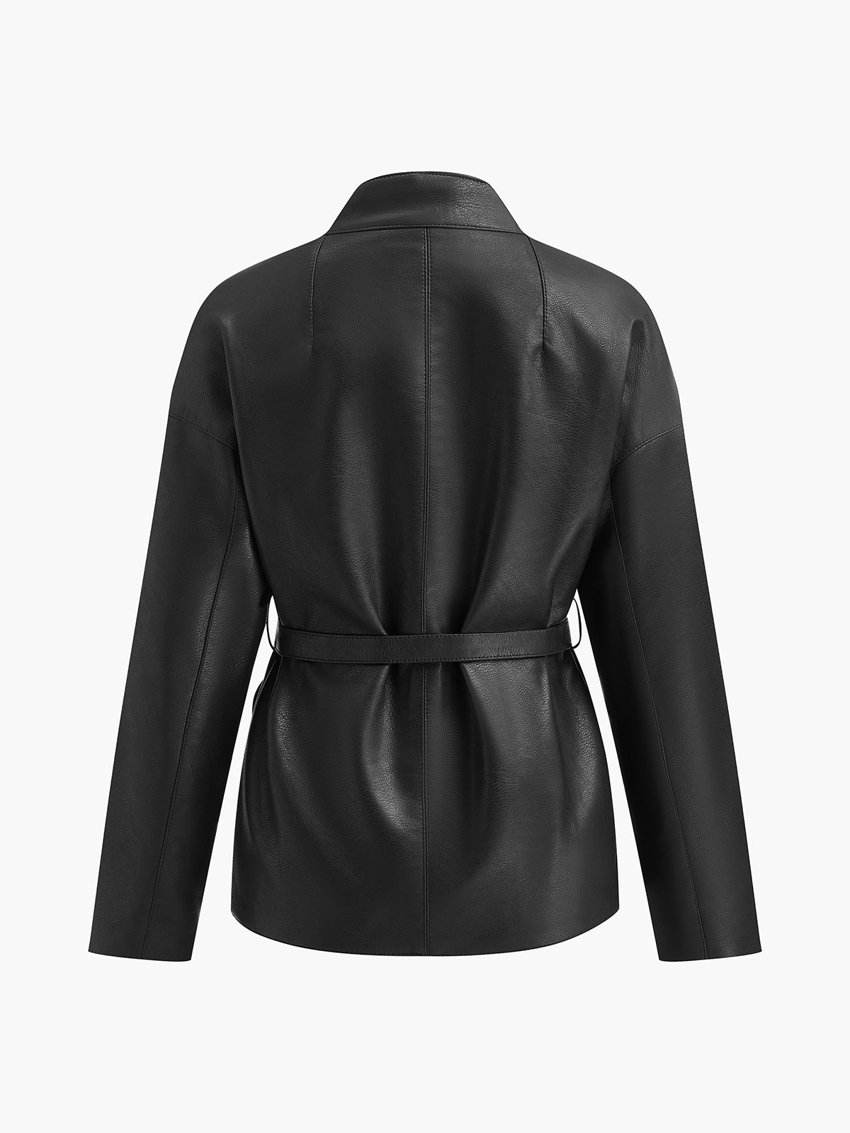 Stand Collar Belted Faux Leather Jacket-Massicos