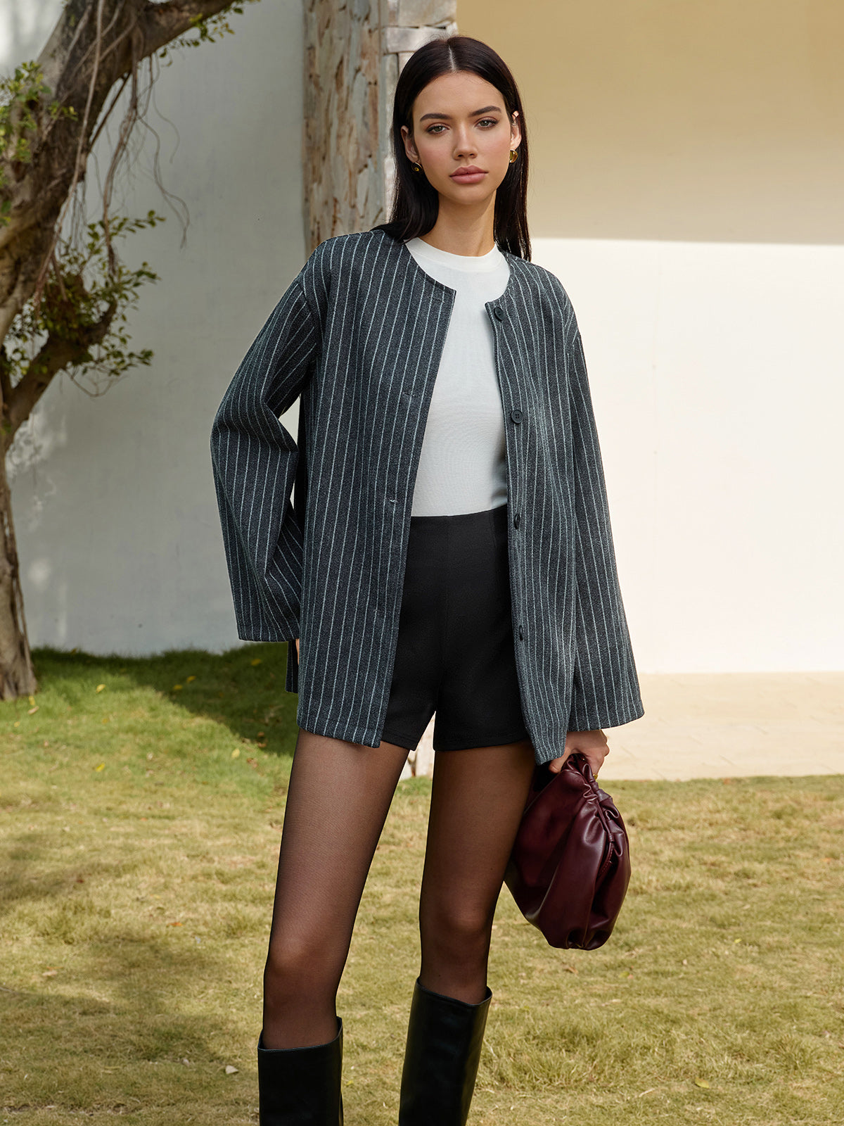 Pinstripe Button Blazer With Matching Tassel Scarf-Massicos