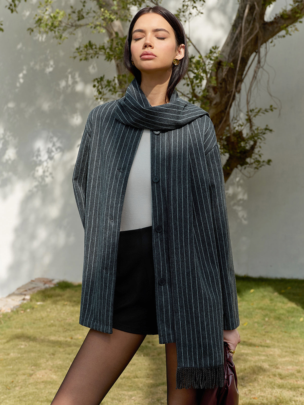 Pinstripe Button Blazer With Matching Tassel Scarf-Massicos
