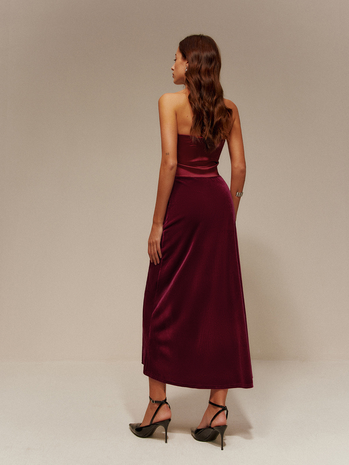 Satin Panel Velvet Pleated Tube Dress-Massicos