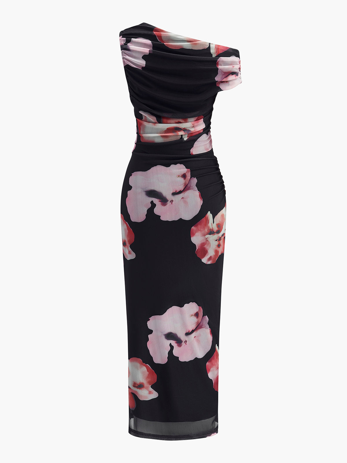 Asymmetrical Neck Floral Mesh Dress-Massicos