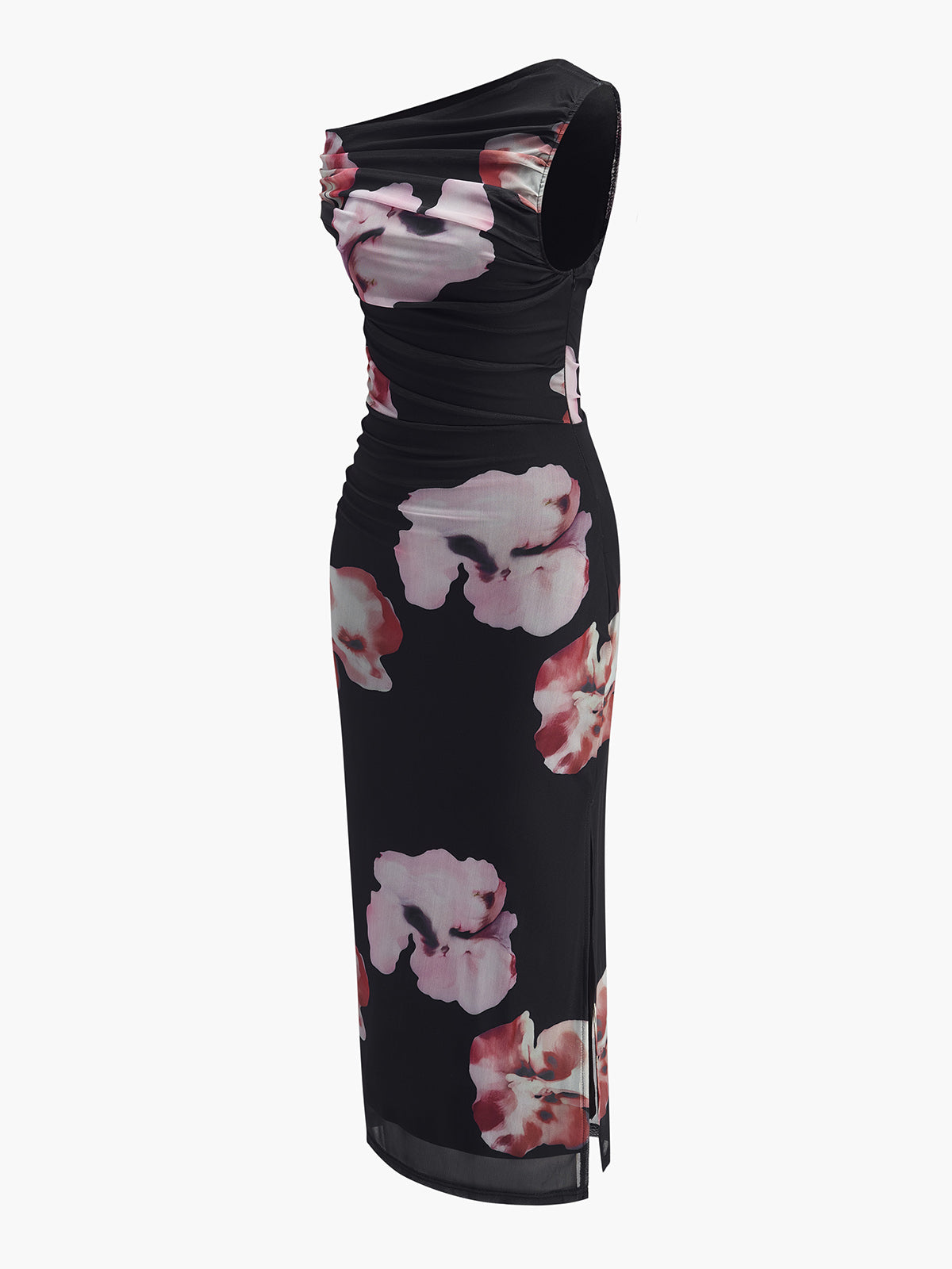 Asymmetrical Neck Floral Mesh Dress-Massicos