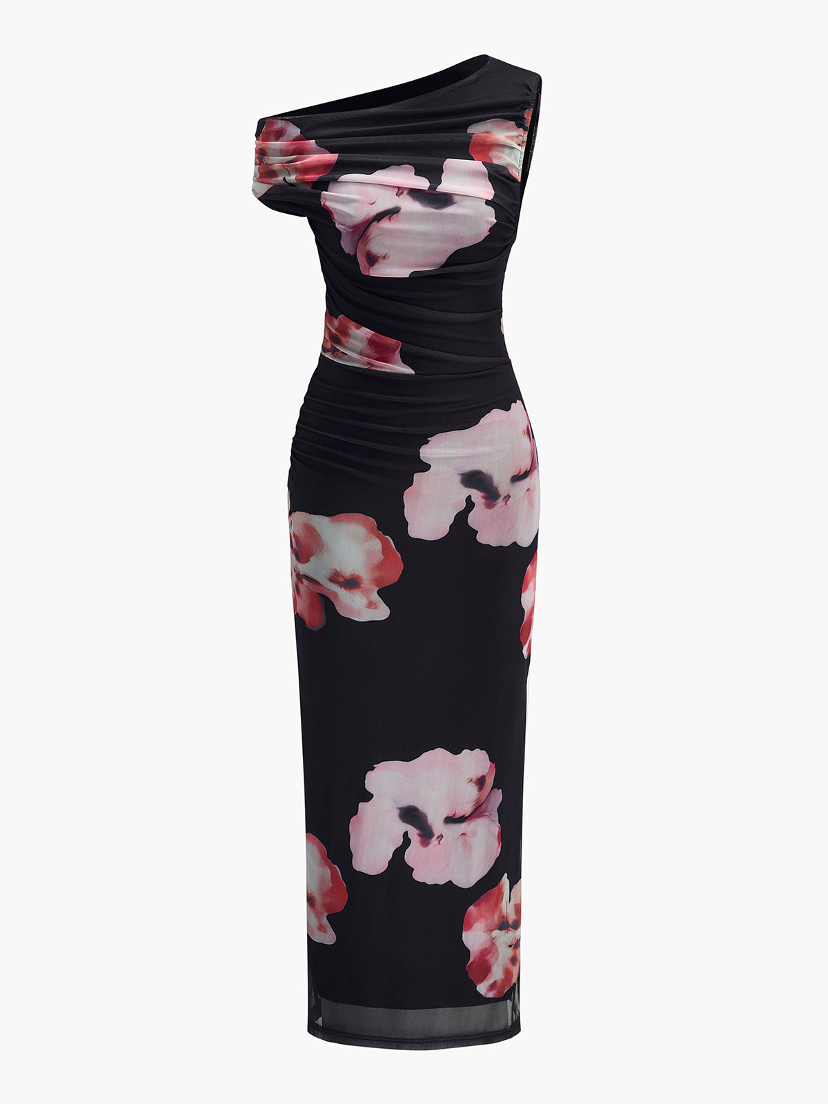 Asymmetrical Neck Floral Mesh Dress-Massicos