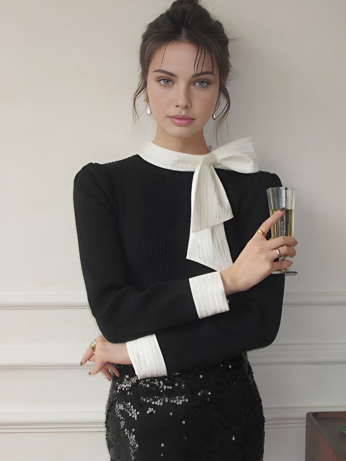 Color Block Bow Knit Top-Massicos