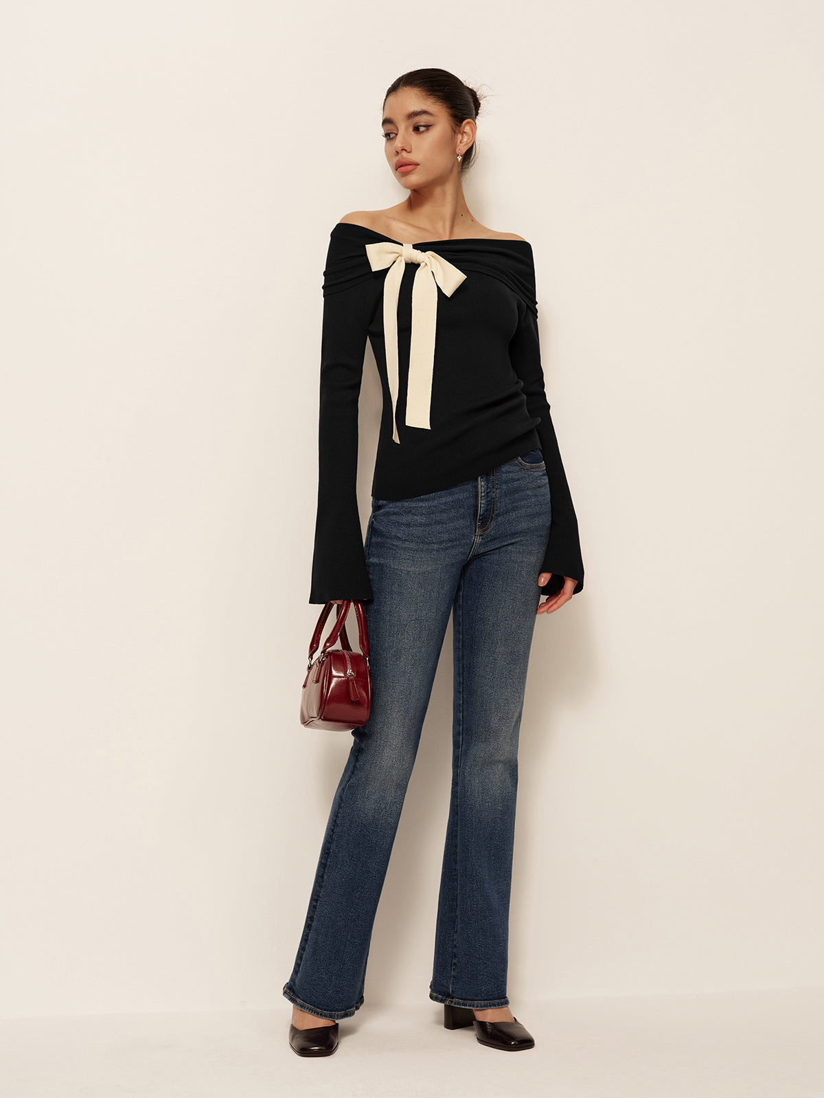 Wool-Blend Bow-Decor Bell Sleeve Knit Top-Massicos