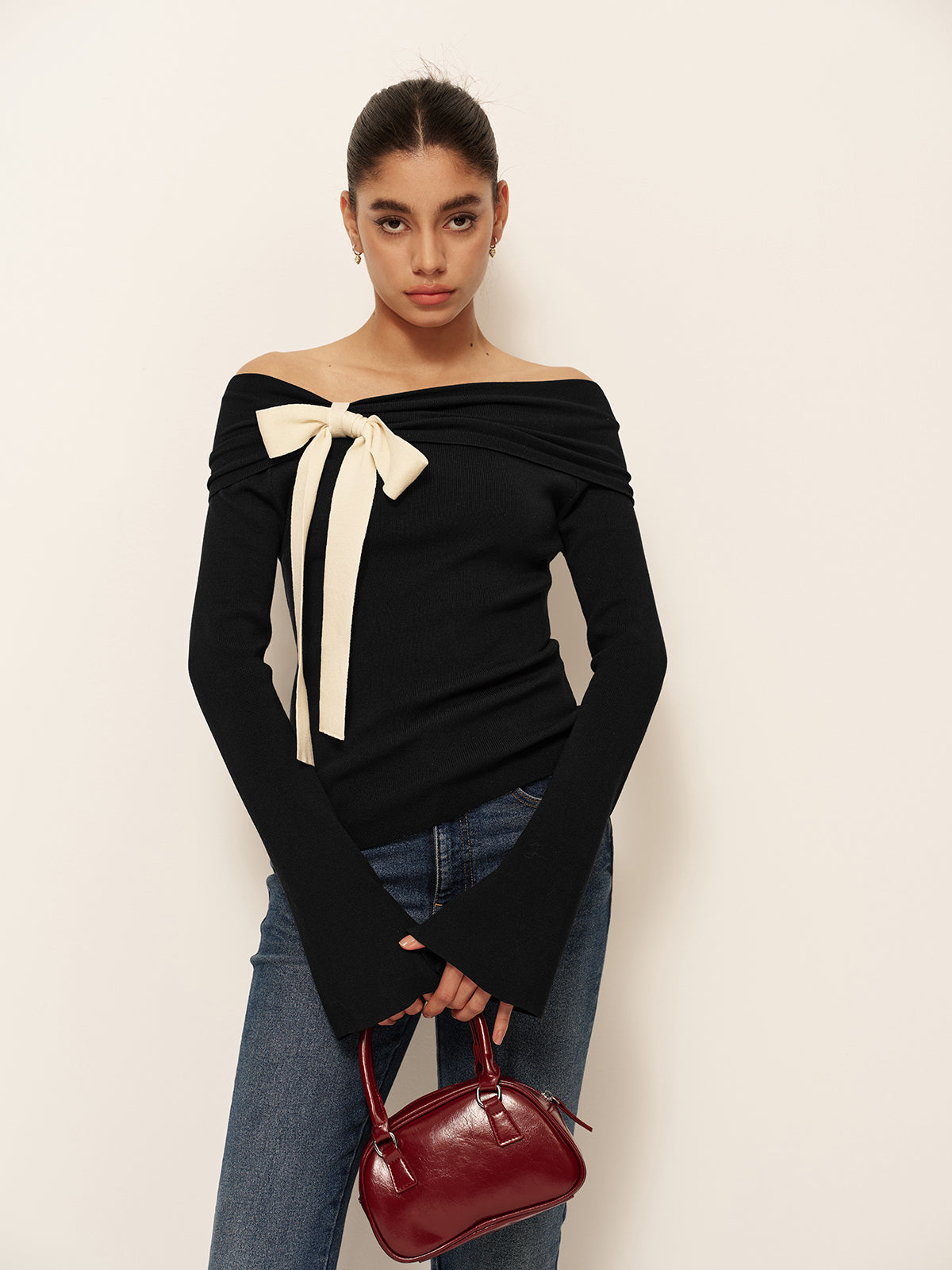 Wool-Blend Bow-Decor Bell Sleeve Knit Top-Massicos