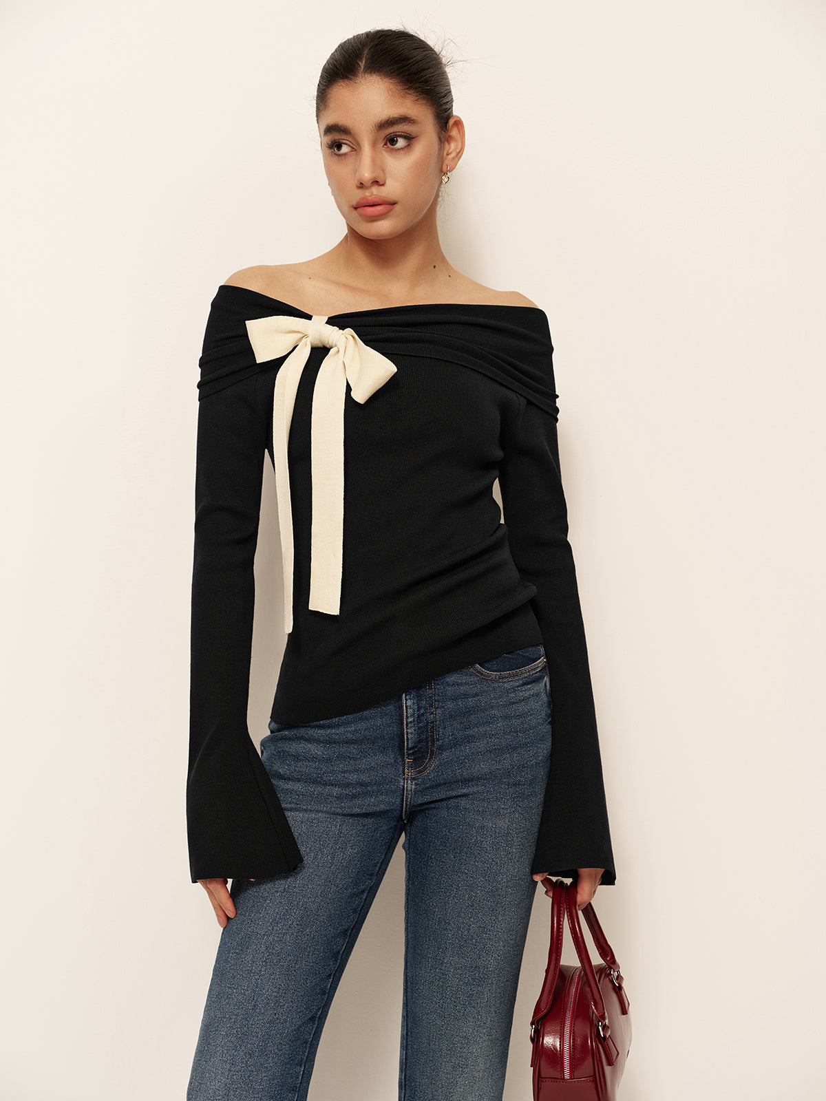 Wool-Blend Bow-Decor Bell Sleeve Knit Top-Massicos