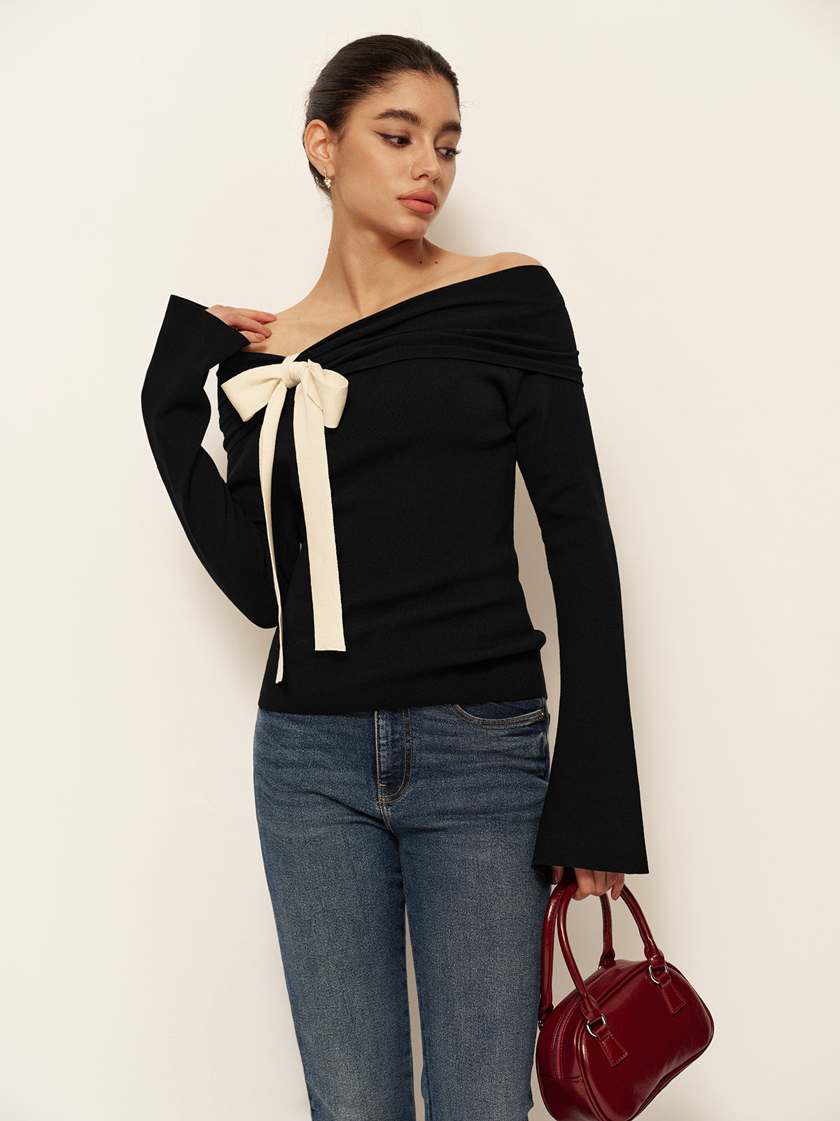 Wool-Blend Bow-Decor Bell Sleeve Knit Top-Massicos