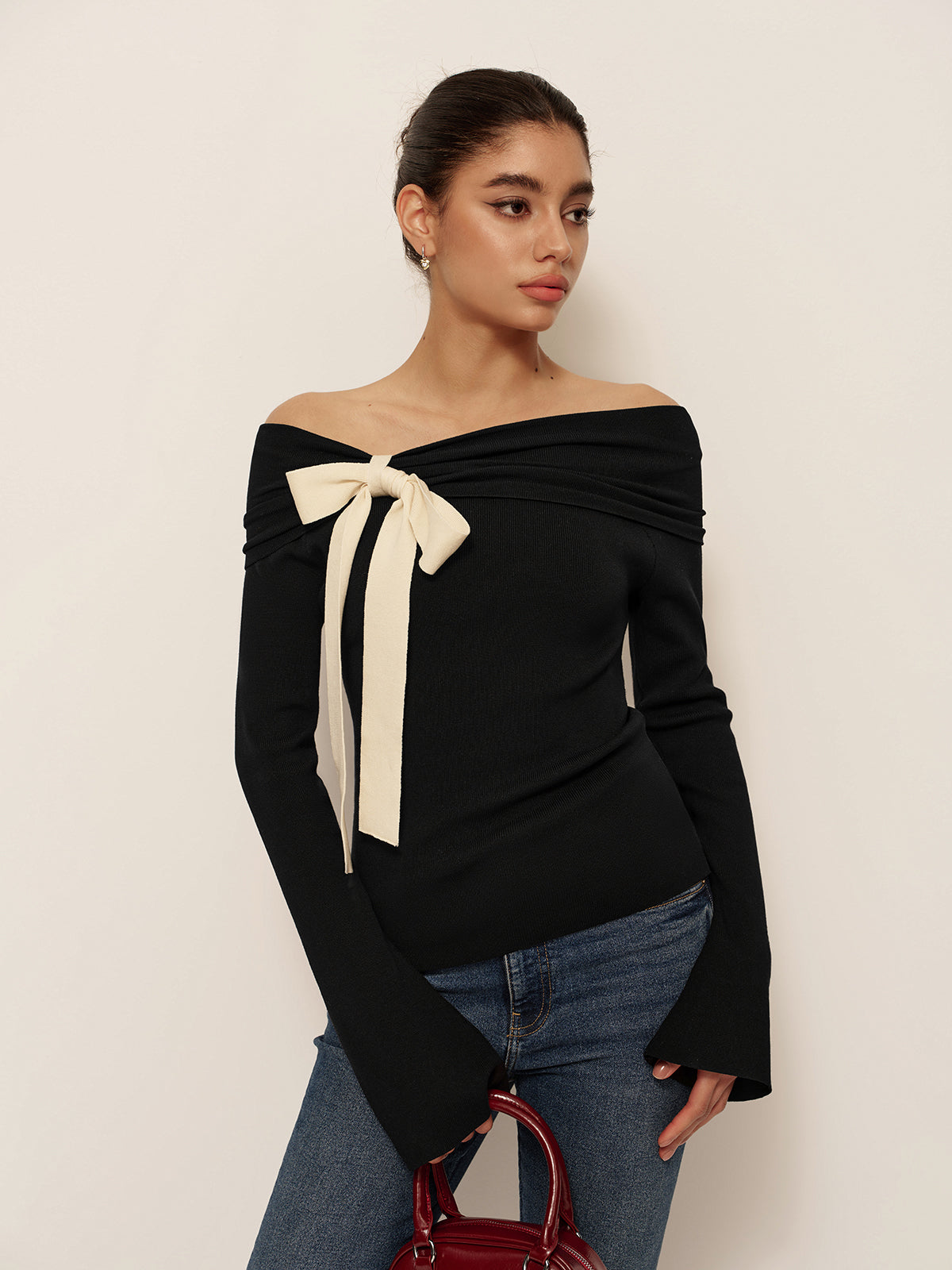 Wool-Blend Bow-Decor Bell Sleeve Knit Top-Massicos