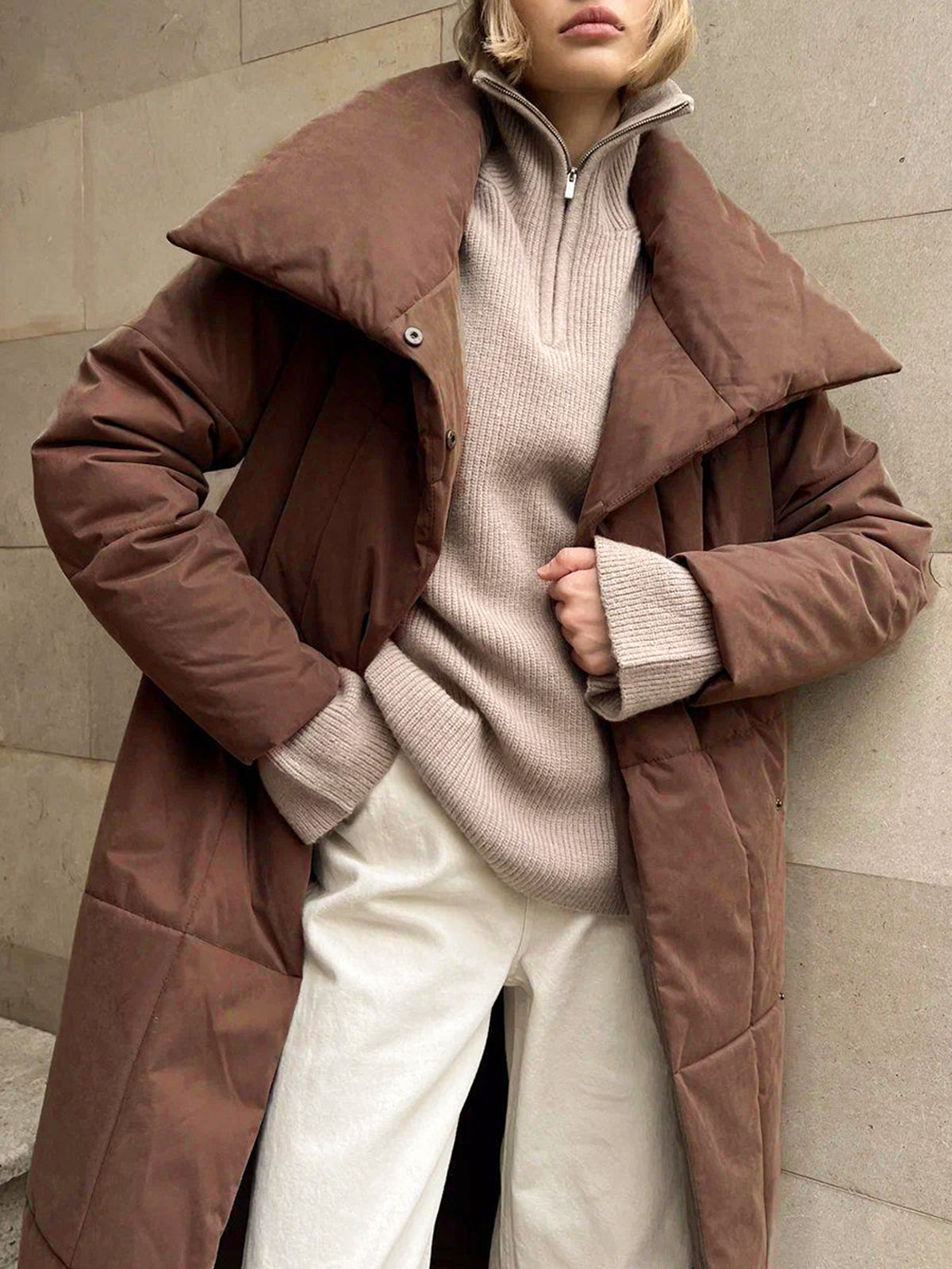 Quilted Long Winter Coat With Belt-Massicos