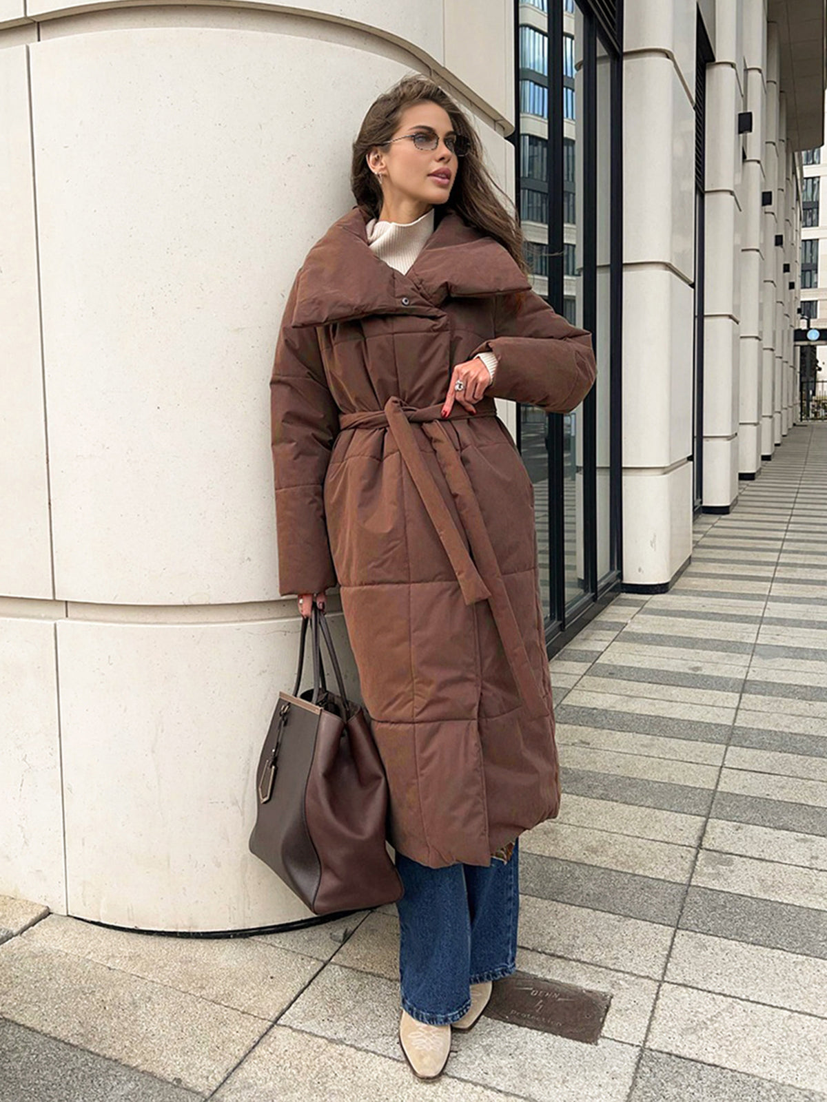 Quilted Long Winter Coat With Belt-Massicos