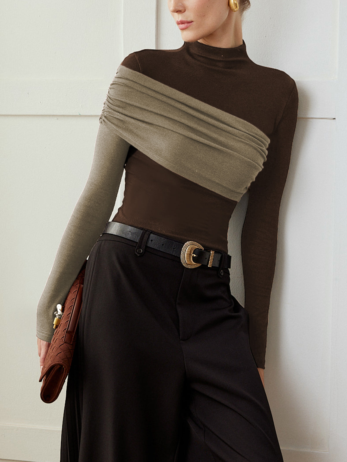 Color Block Pleated Jersey Slim Top-Massicos