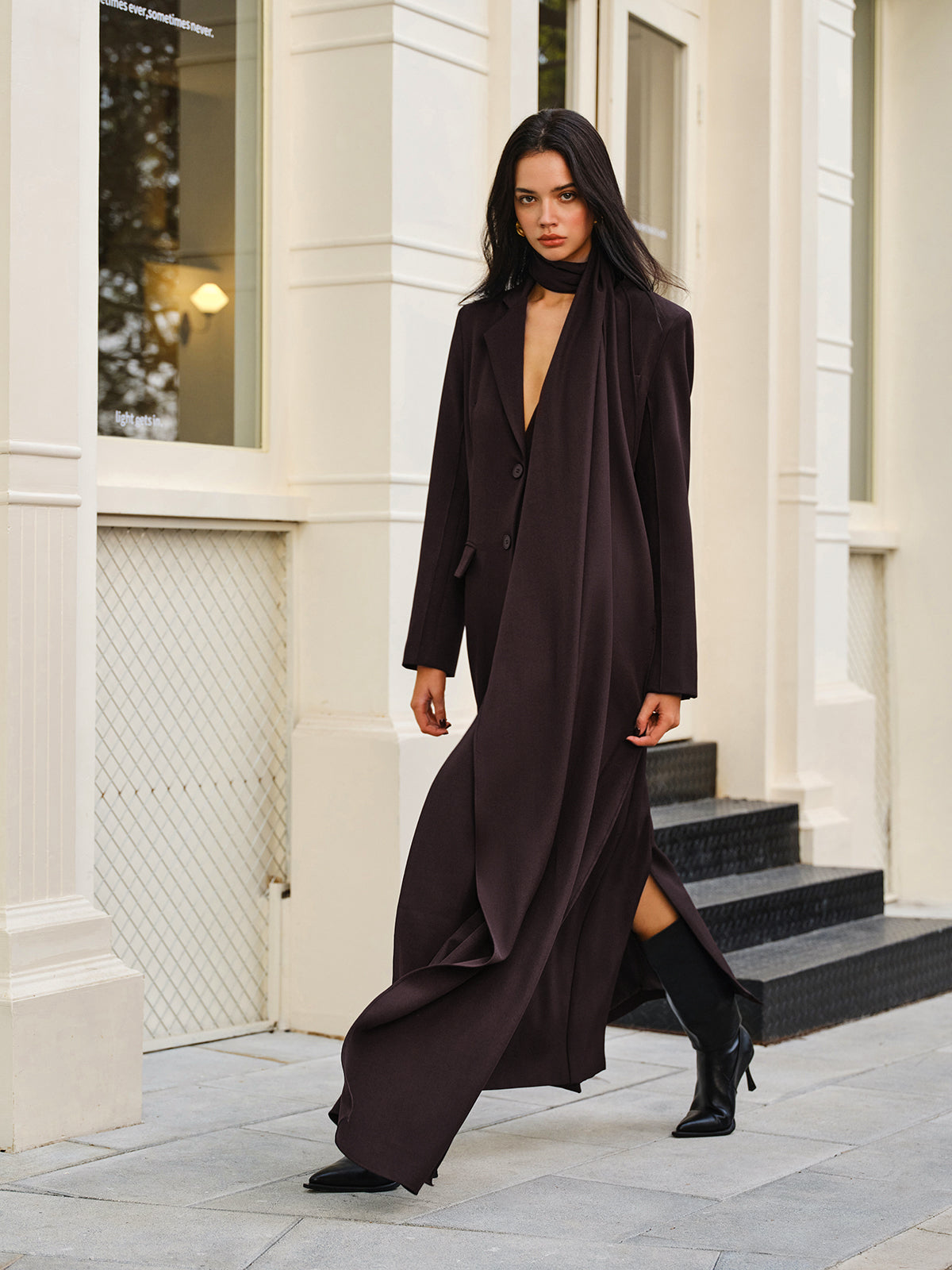 V-Neck Split Trench Coat With Scarf-Massicos