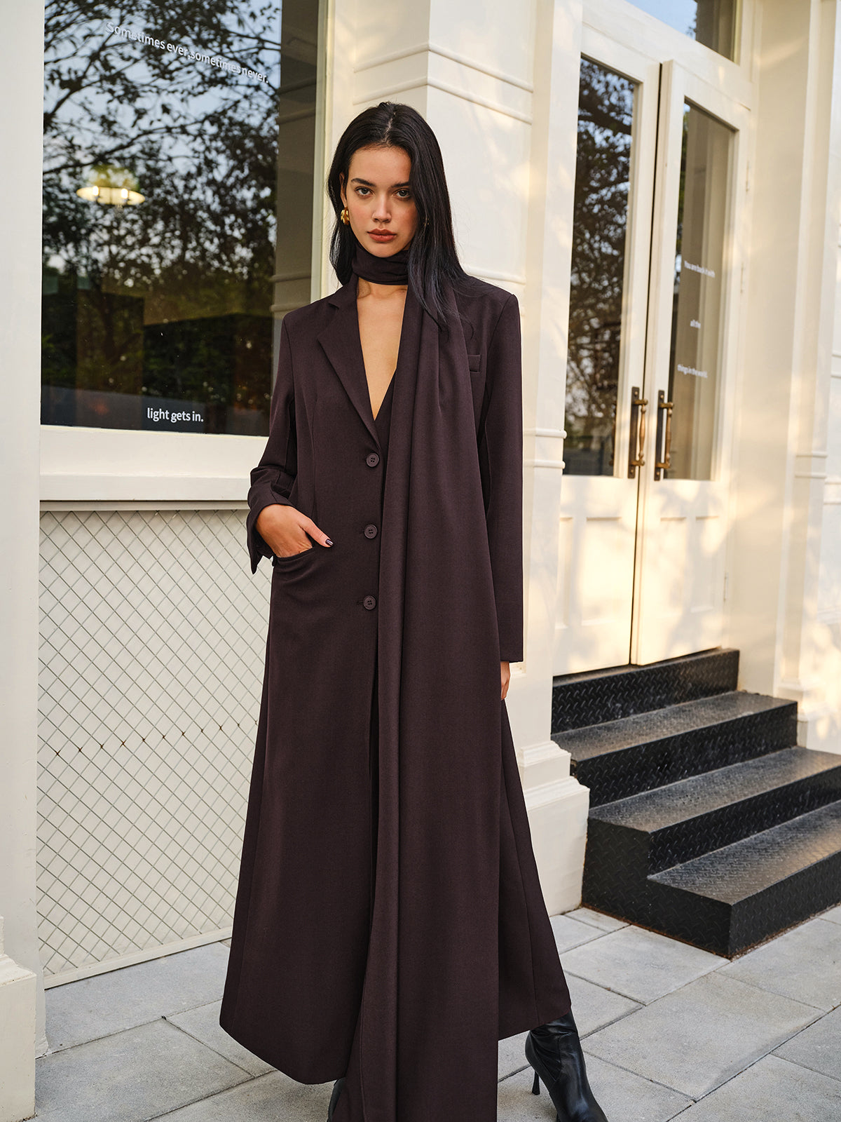 V-Neck Split Trench Coat With Scarf-Massicos
