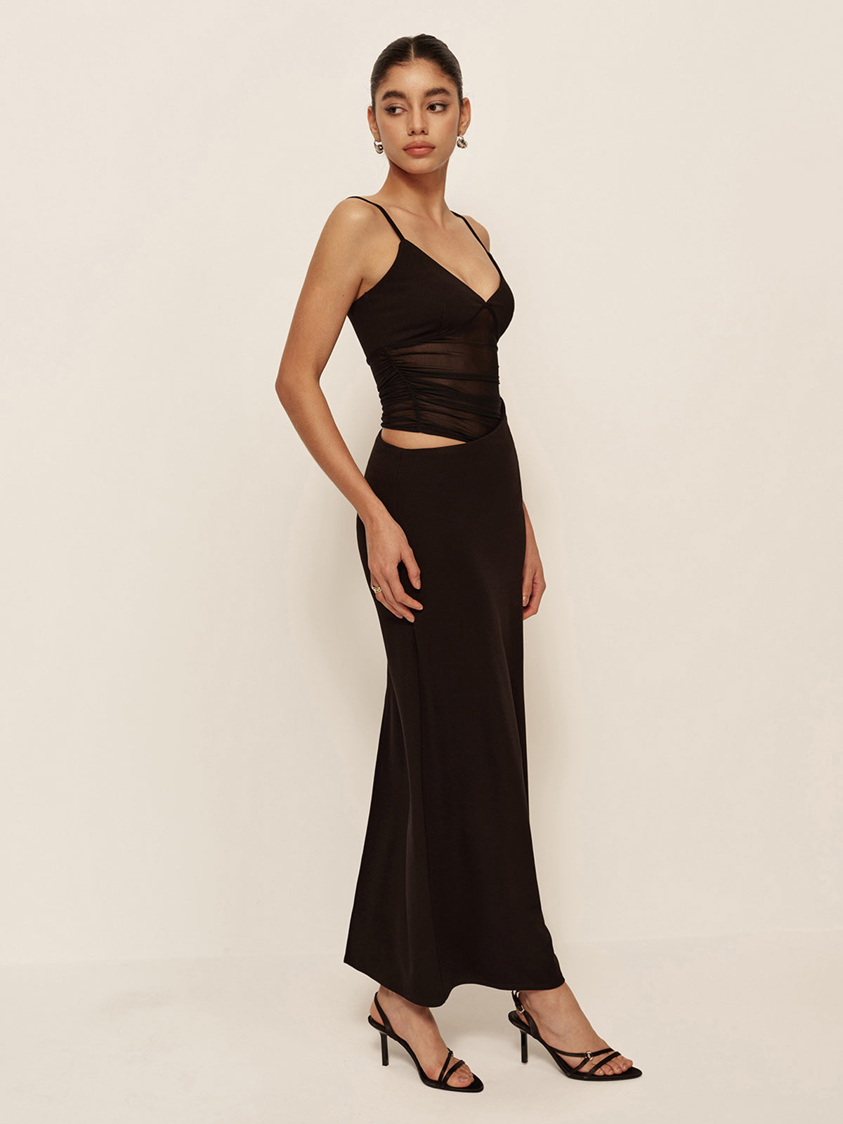Semi-Sheer Low V-Neck Asymmetrical Ruched Dress-Massicos