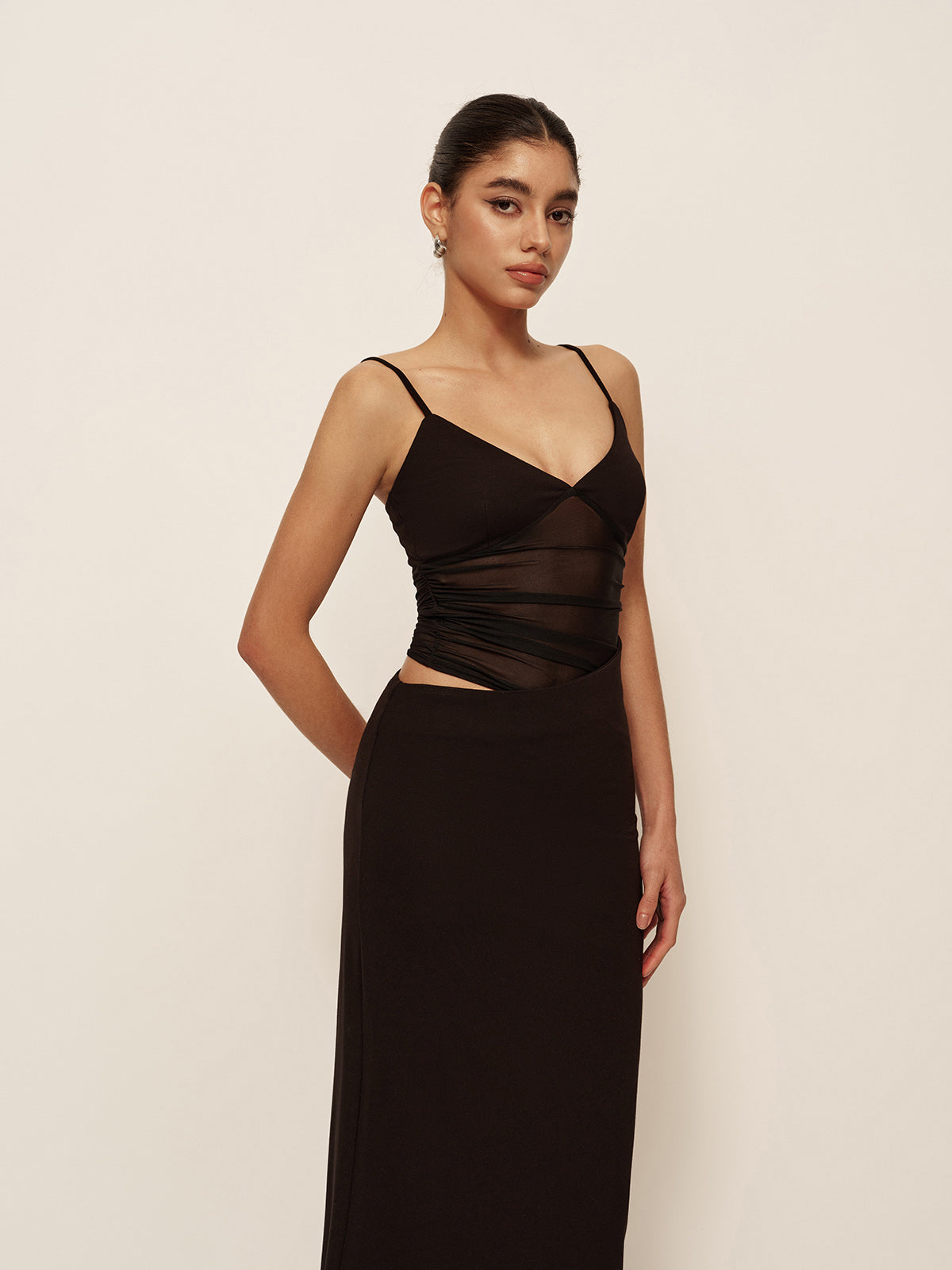 Semi-Sheer Low V-Neck Asymmetrical Ruched Dress-Massicos
