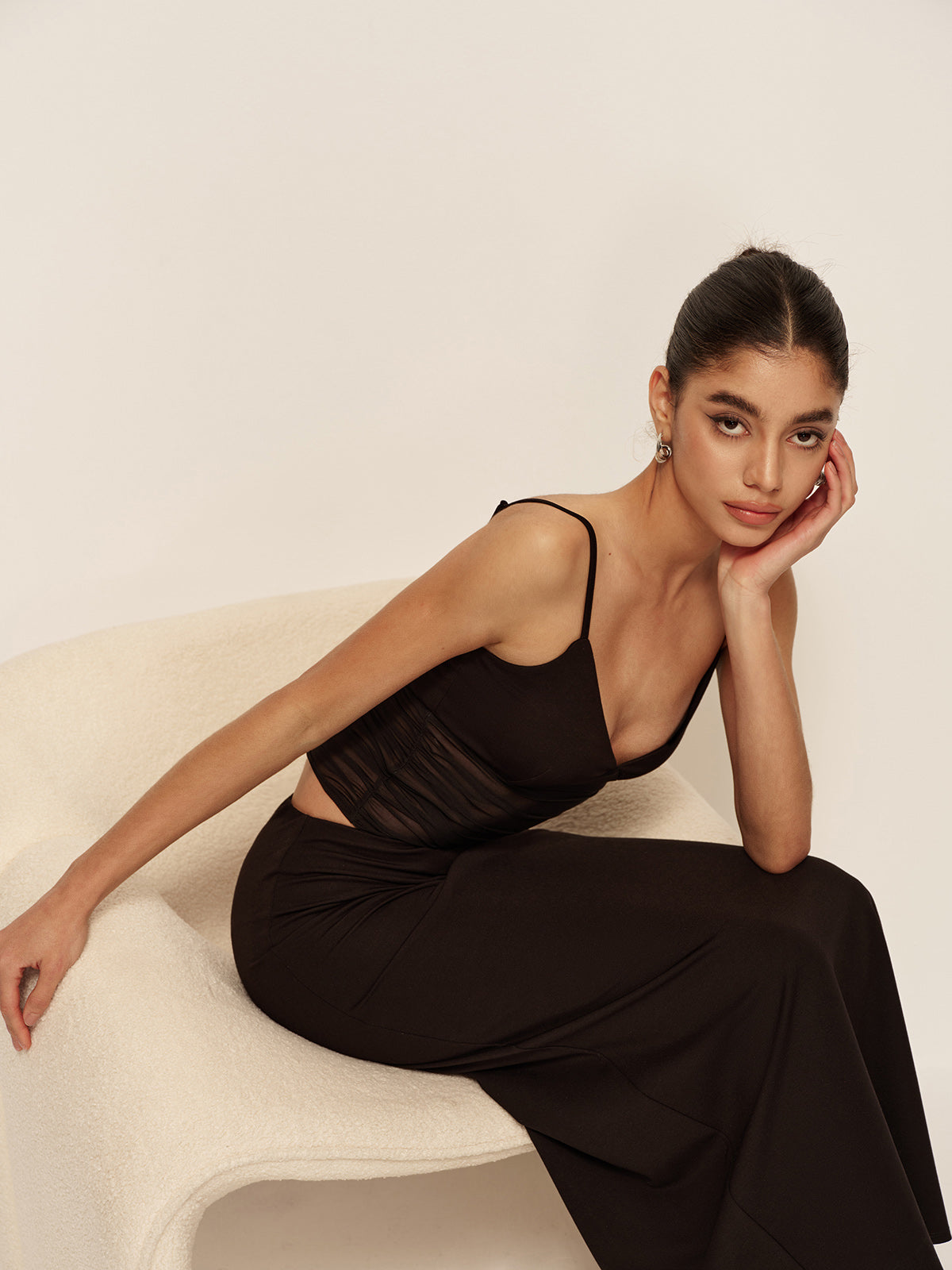 Semi-Sheer Low V-Neck Asymmetrical Ruched Dress-Massicos