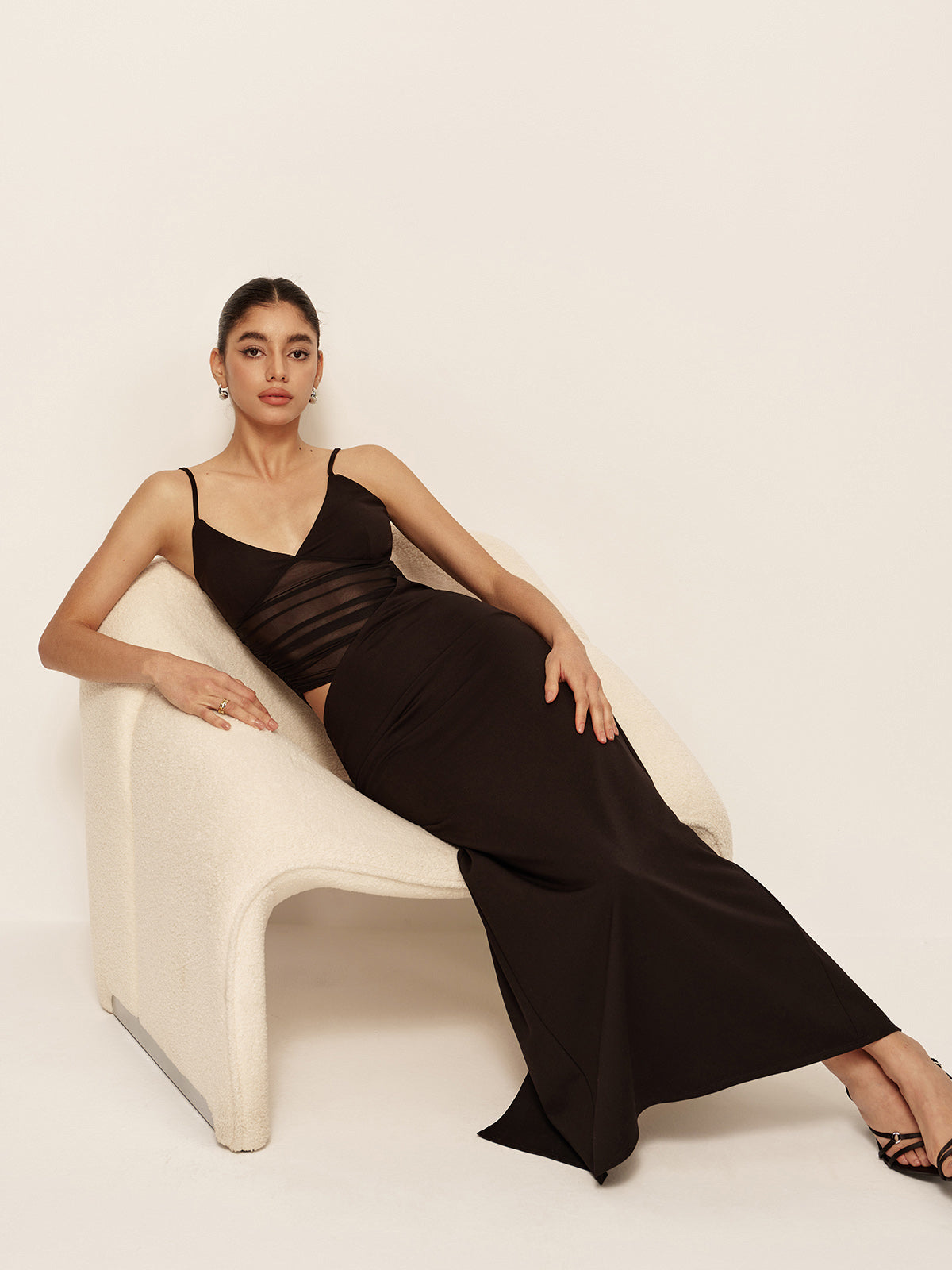 Semi-Sheer Low V-Neck Asymmetrical Ruched Dress-Massicos