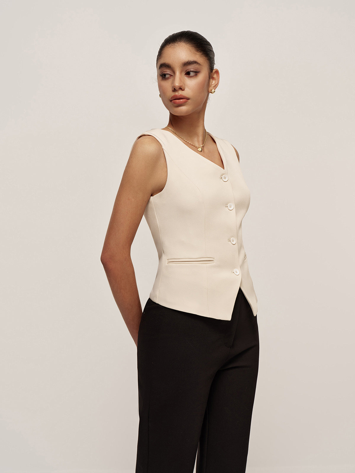 Casual V-Neck Button Pocket Vest-Massicos