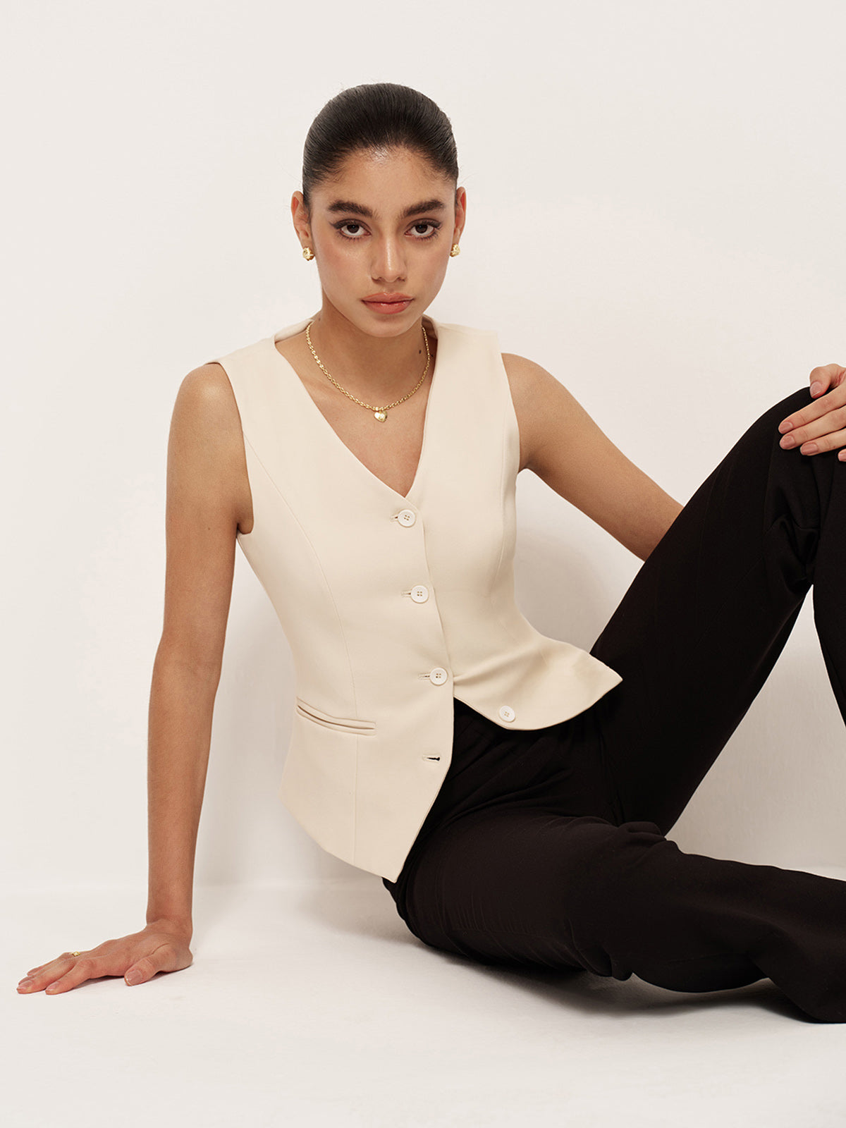 Casual V-Neck Button Pocket Vest-Massicos