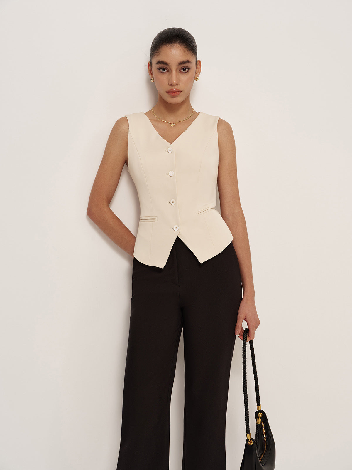 Casual V-Neck Button Pocket Vest-Massicos
