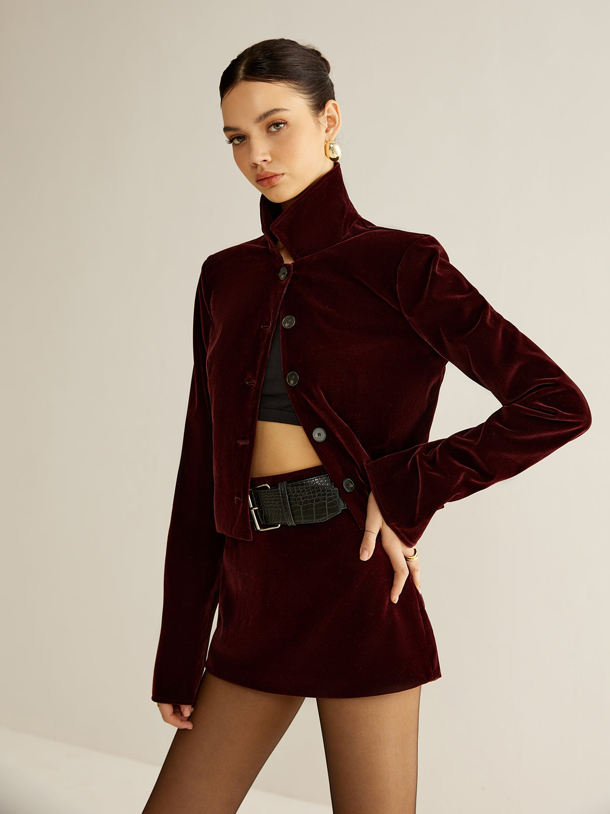 Velvet Lapel Short Blazer-Massicos