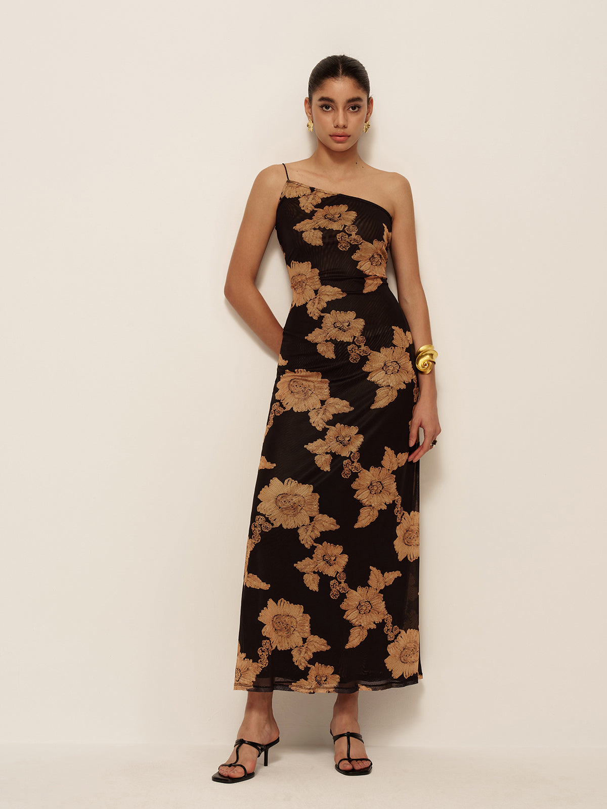 Asymmetrical Cold shoulder Printed Dress-Massicos