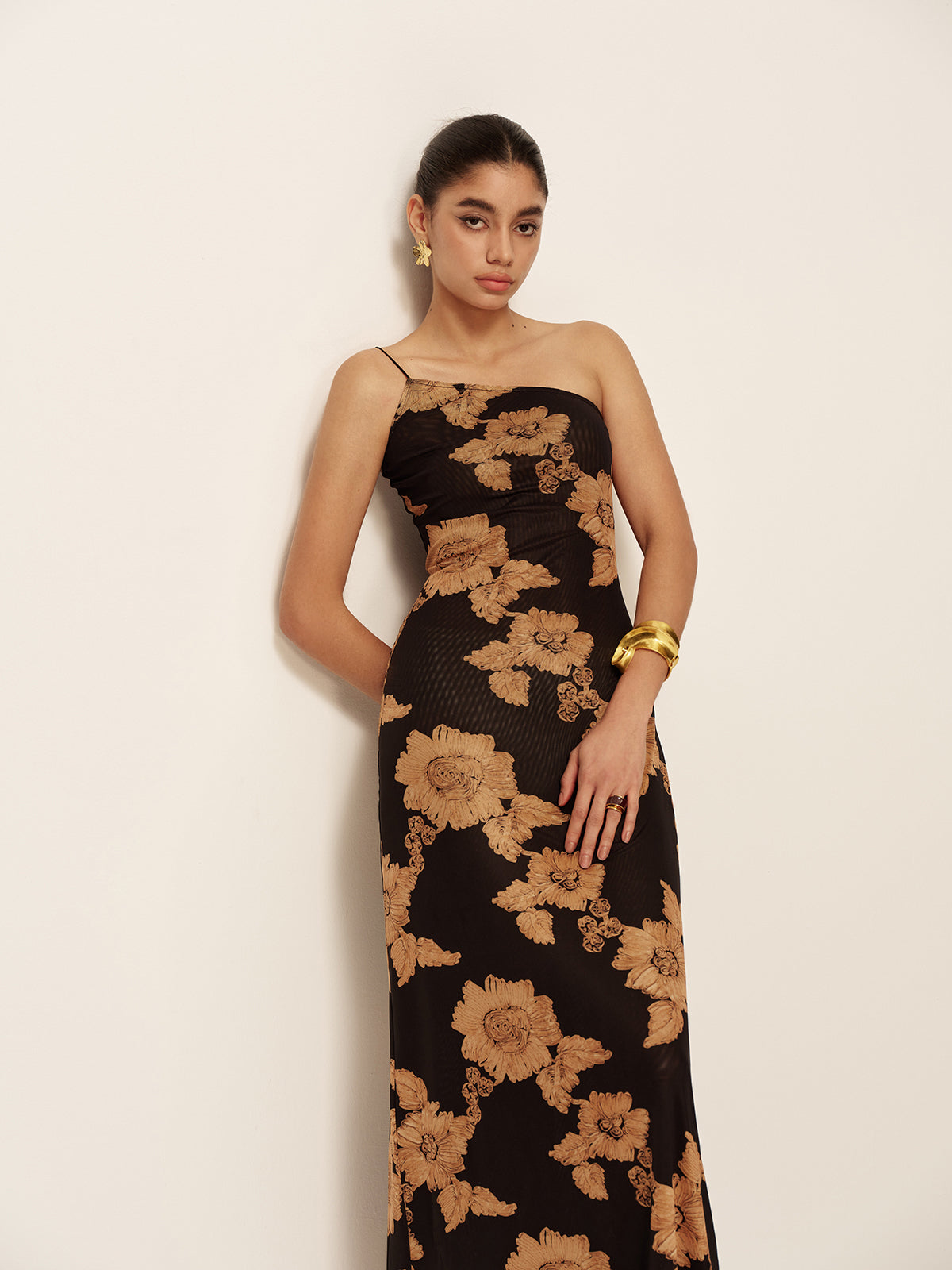 Asymmetrical Cold shoulder Printed Dress-Massicos