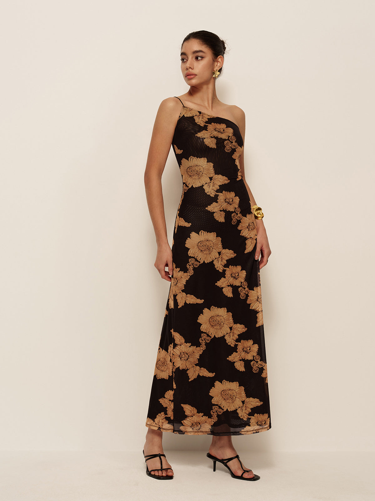 Asymmetrical Cold shoulder Printed Dress-Massicos