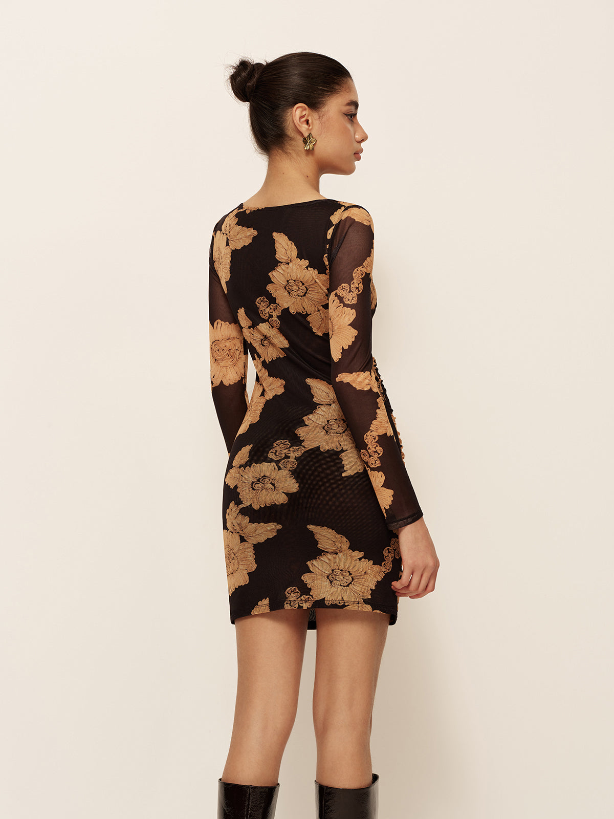 Asymmetrical Neck Long Sleeve Printed Dress-Massicos