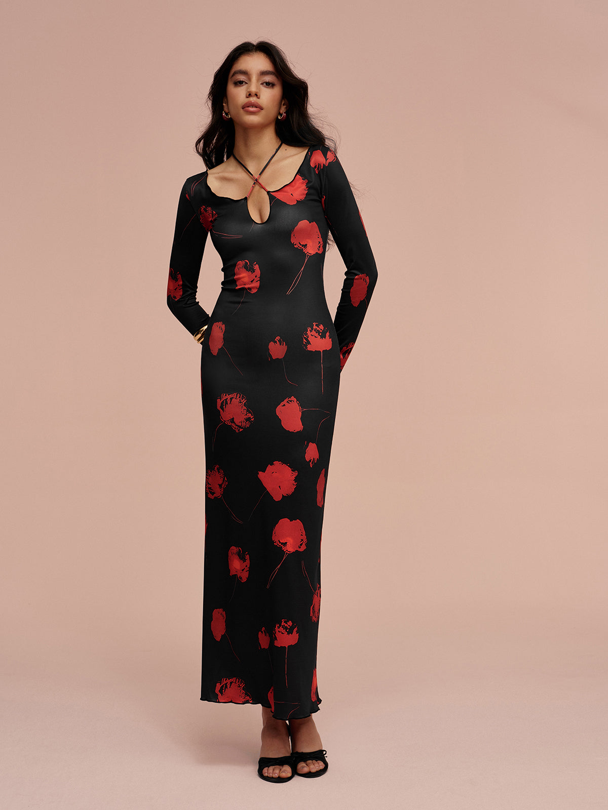 Tie Neck Printed Floral Dress-Massicos
