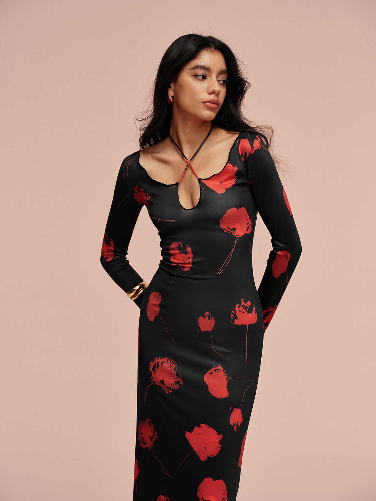 Tie Neck Printed Floral Dress-Massicos